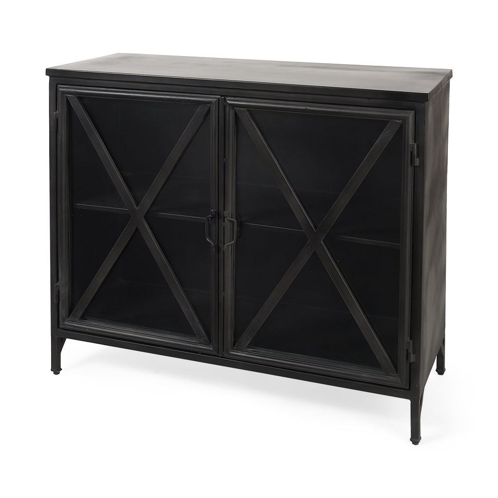 Meuble d'appoint de style rustique en métal noir et verre pour salle à manger et salon
