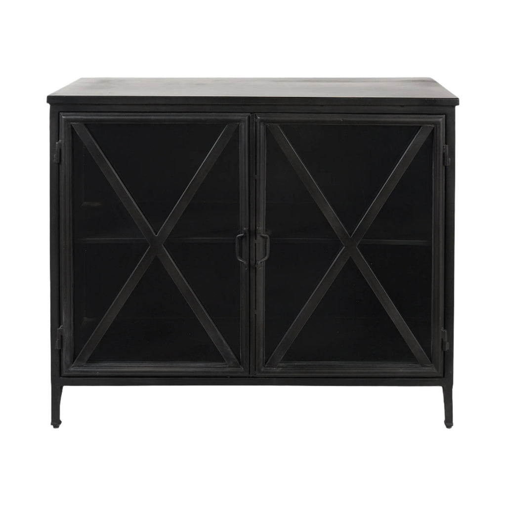 Meuble d'appoint de style rustique en métal noir et verre pour salle à manger et salon