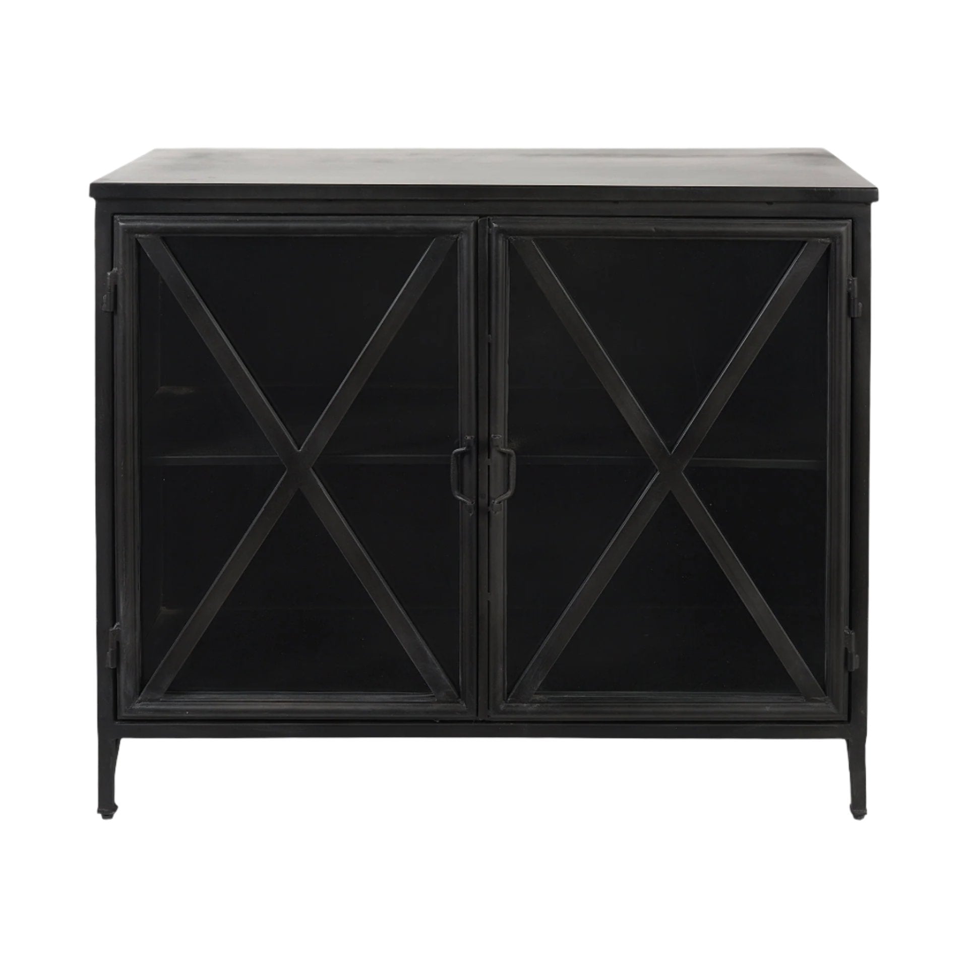 Farmhouse Black Metal & Glass Accent Cabinet for Dining & Living Room