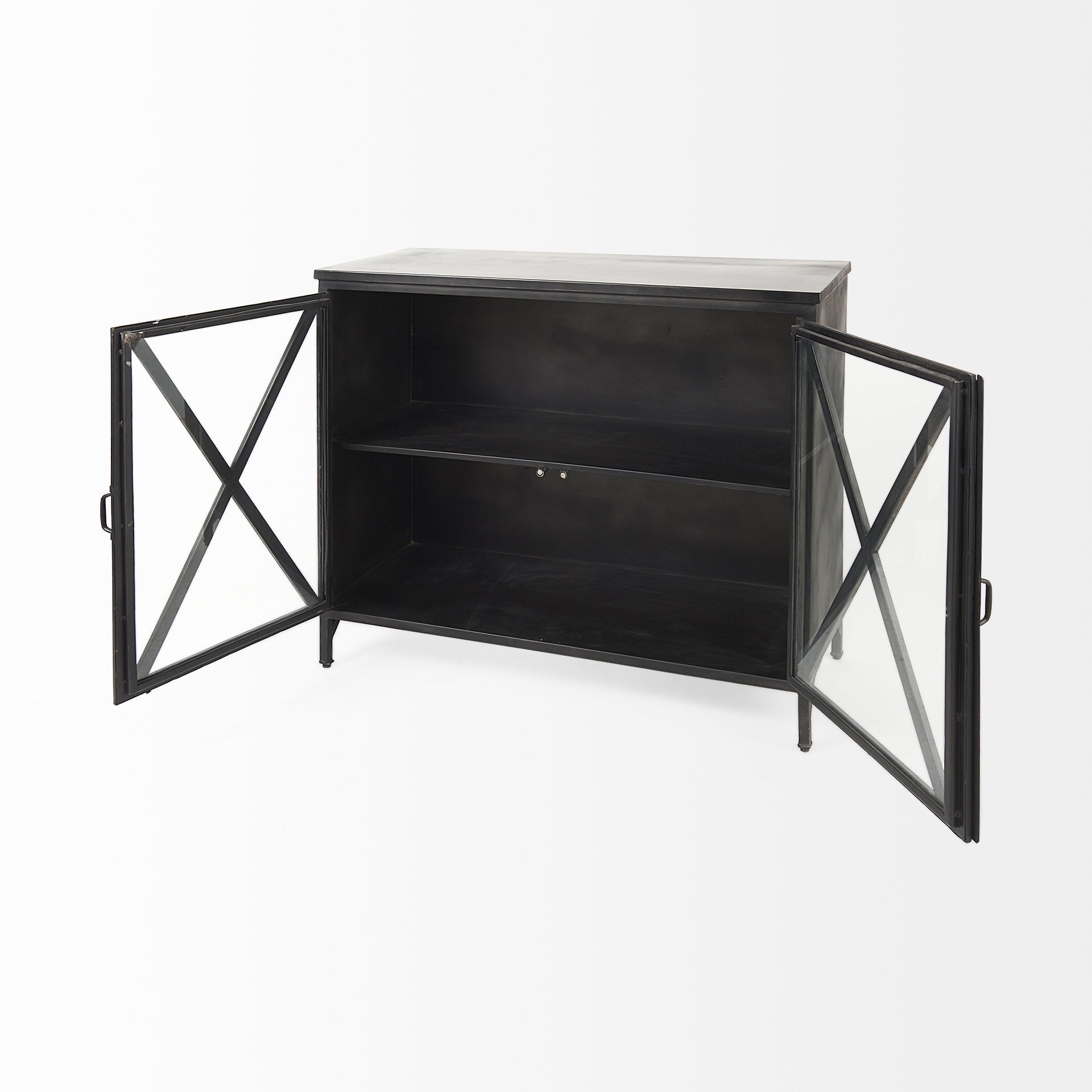 Meuble d'appoint de style rustique en métal noir et verre pour salle à manger et salon