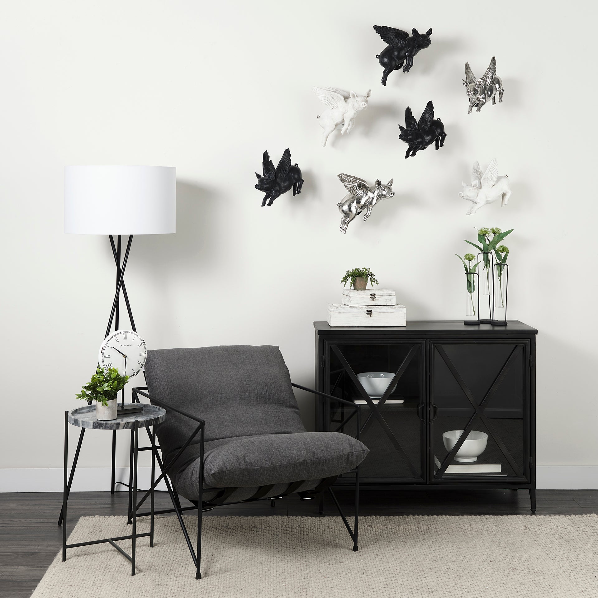 Farmhouse Black Metal & Glass Accent Cabinet for Dining & Living Room