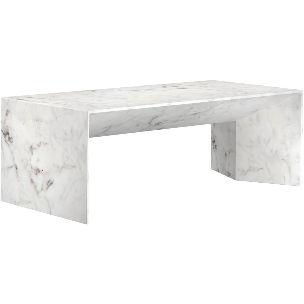 Contemporary White Marble-Look Coffee Table with Metal Base for Living Room