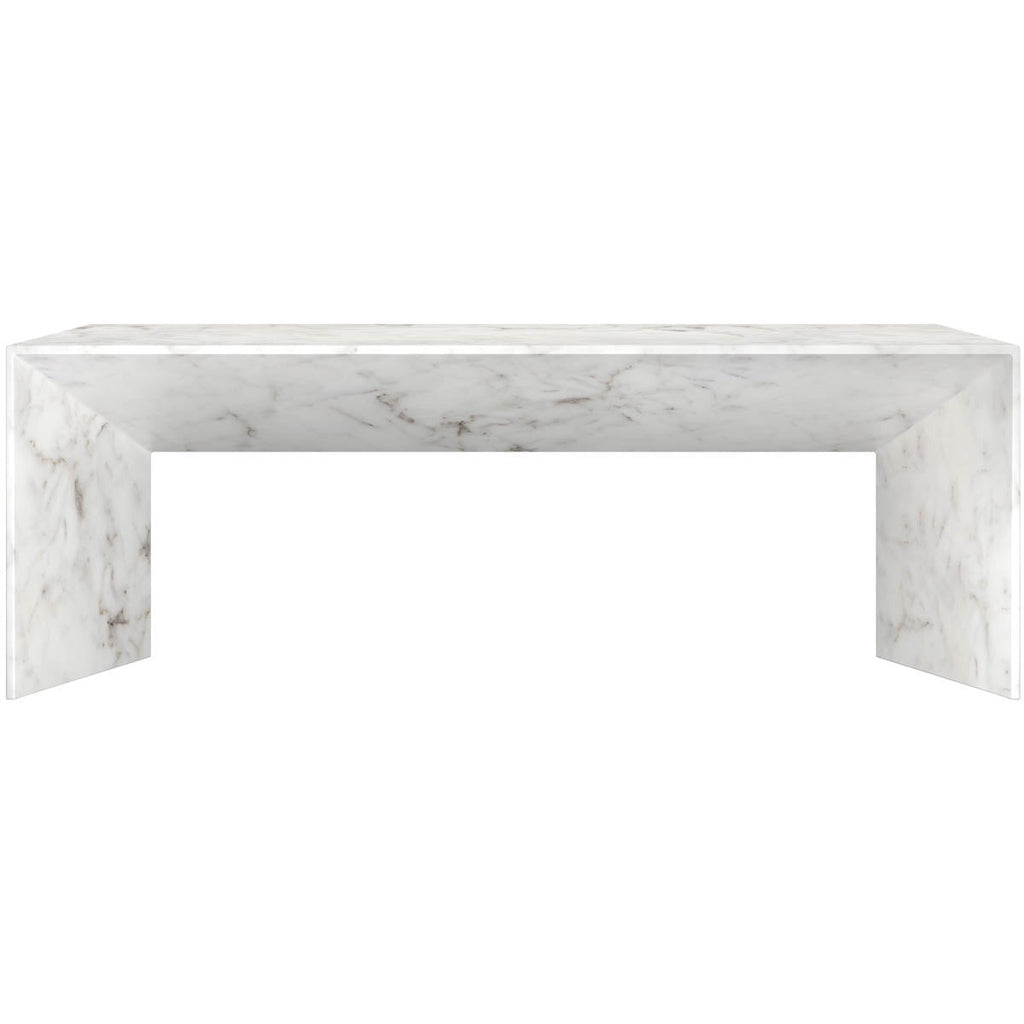 Table basse contemporaine aspect marbre blanc avec base en métal pour salon