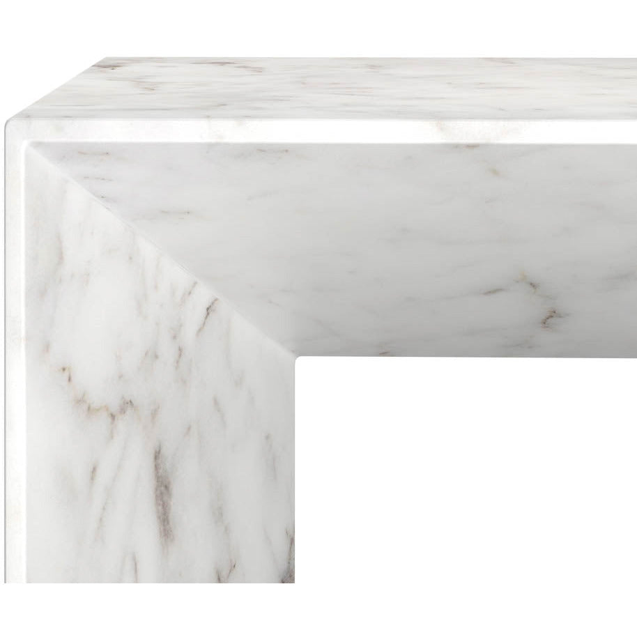 Table basse contemporaine aspect marbre blanc avec base en métal pour salon