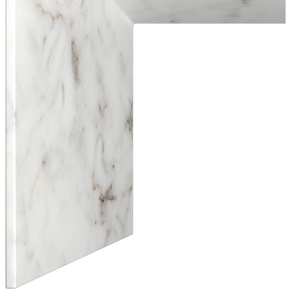 Table basse contemporaine aspect marbre blanc avec base en métal pour salon