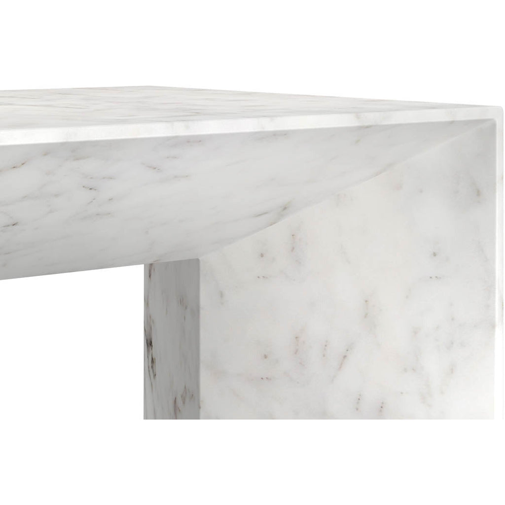 Table basse contemporaine aspect marbre blanc avec base en métal pour salon