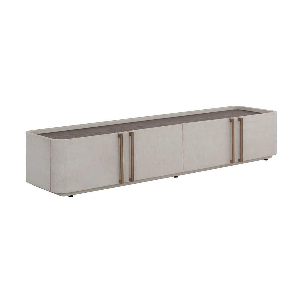 Meuble TV/console multimédia moderne en bois et métal avec rangements multiples pour le salon