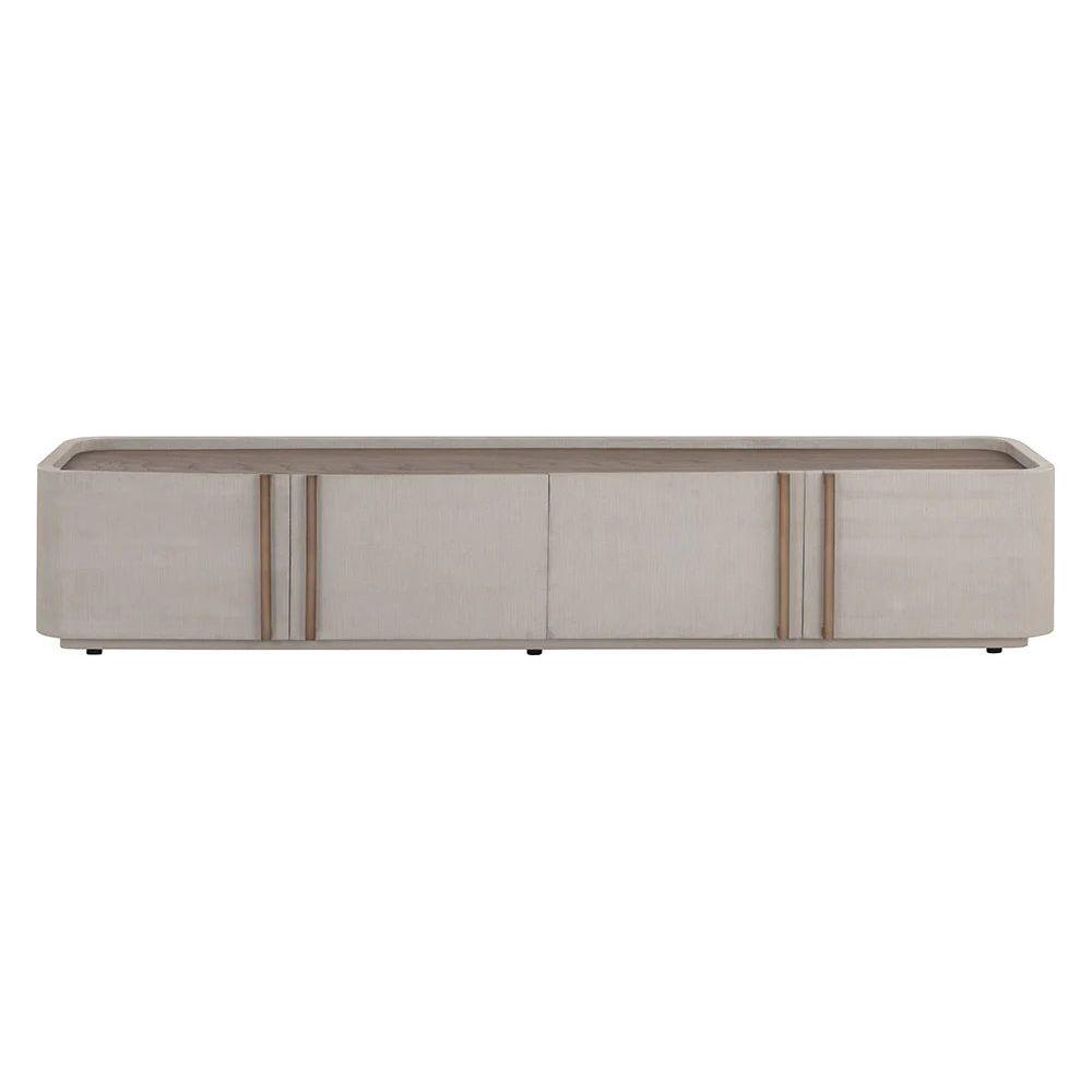Meuble TV/console multimédia moderne en bois et métal avec rangements multiples pour le salon