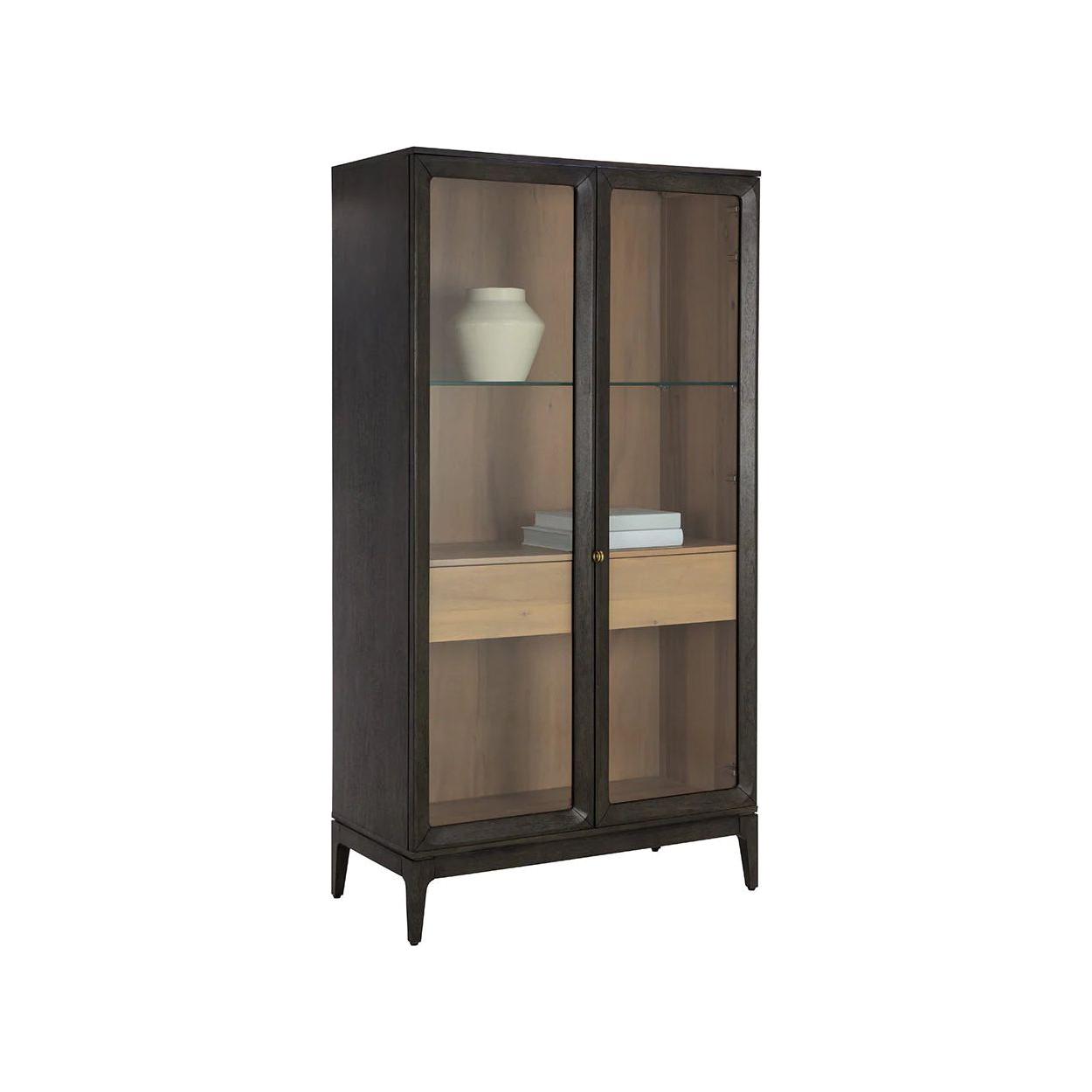 Modern Wood & Metal Display Cabinet with Glass Shelf for Living Room