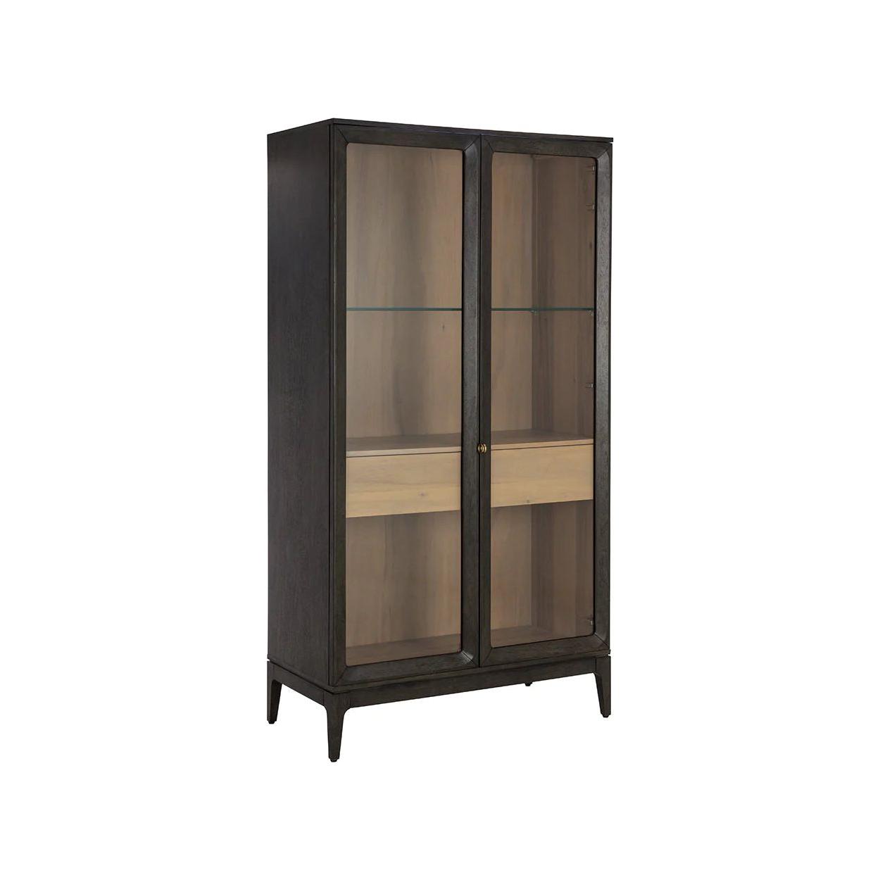 Modern Wood & Metal Display Cabinet with Glass Shelf for Living Room