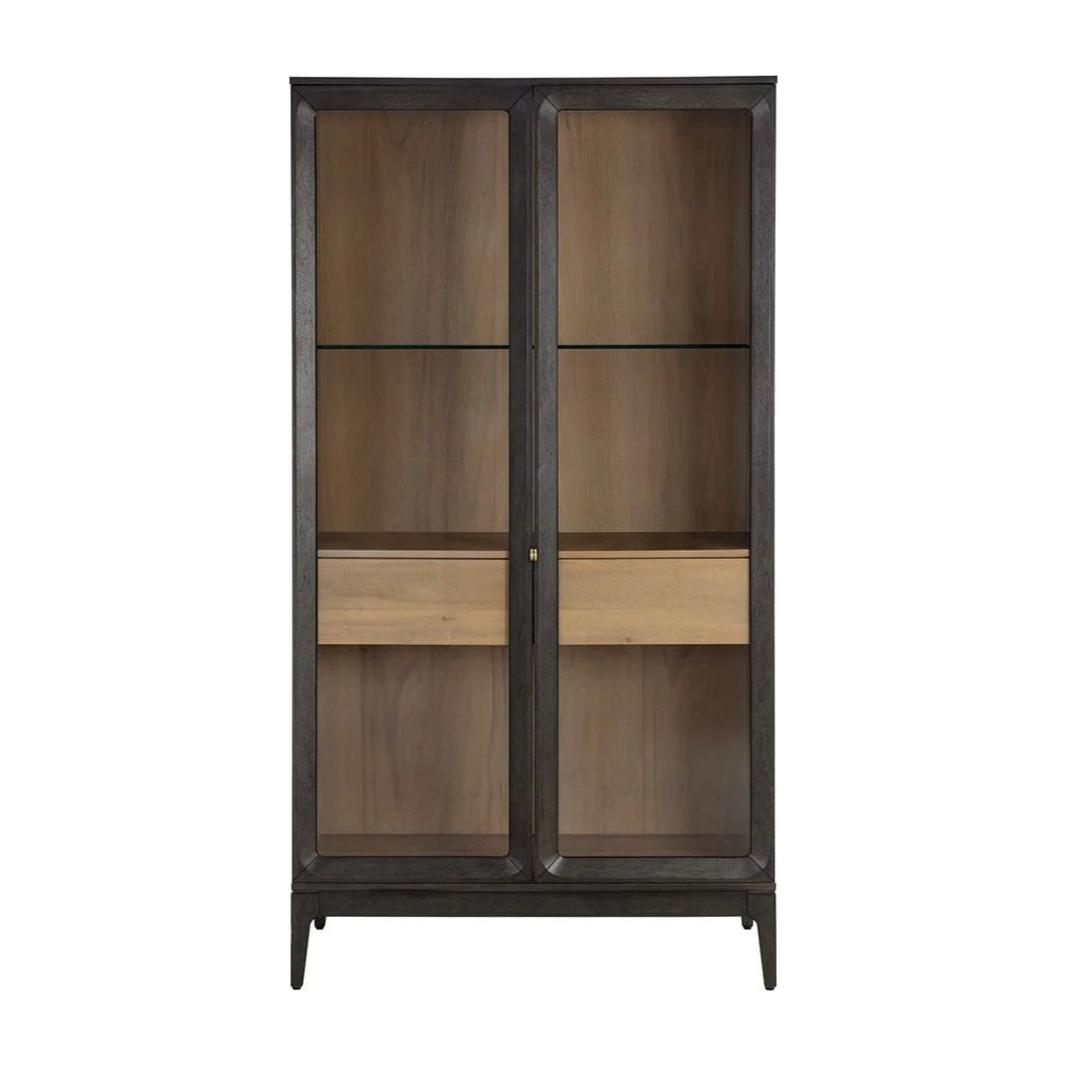 Modern Wood & Metal Display Cabinet with Glass Shelf for Living Room