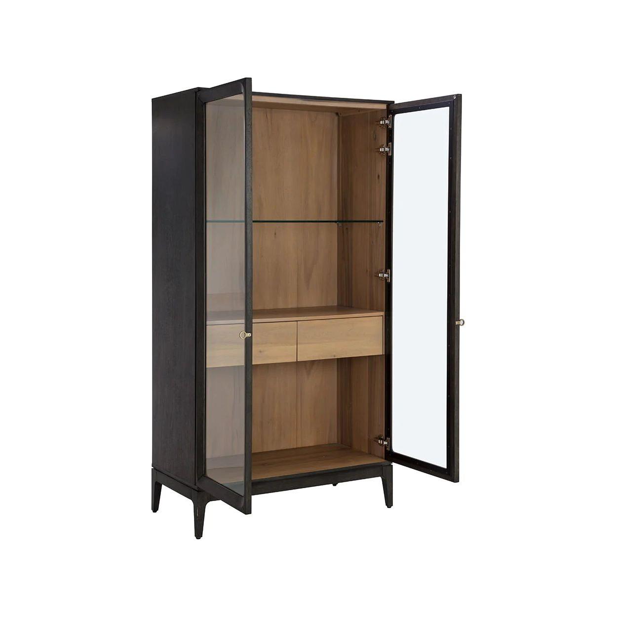 Modern Wood & Metal Display Cabinet with Glass Shelf for Living Room