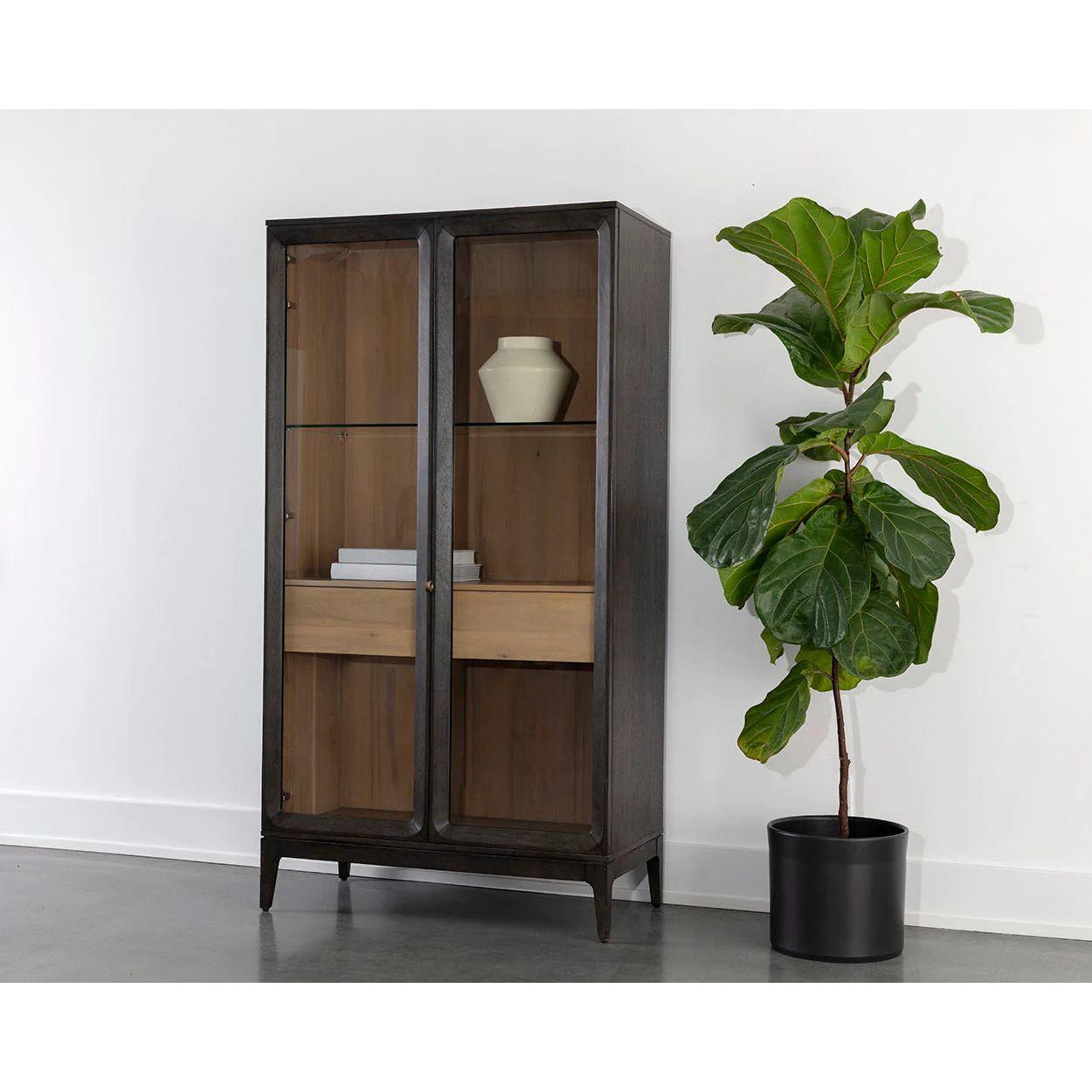 Modern Wood & Metal Display Cabinet with Glass Shelf for Living Room