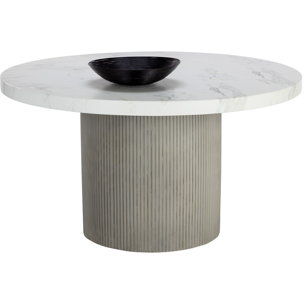 Table de salle à manger contemporaine aspect marbre gris clair avec piètement en métal pour salle à manger