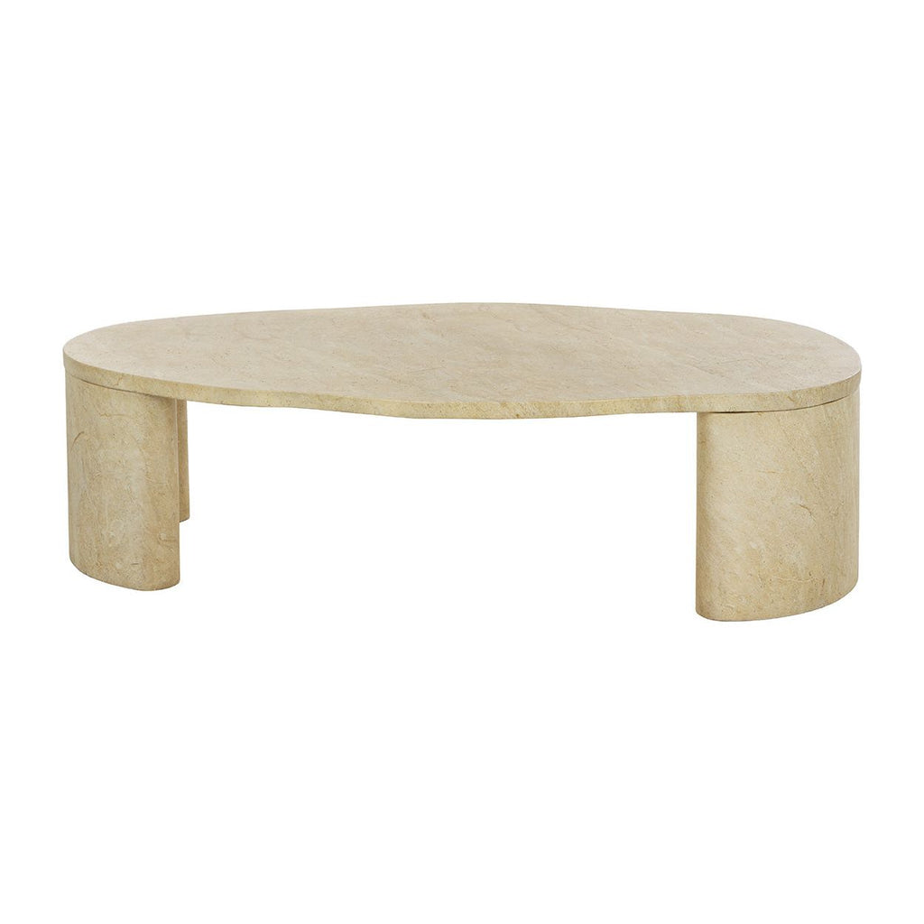 Table basse contemporaine à plateau effet travertin avec base en métal pour salon