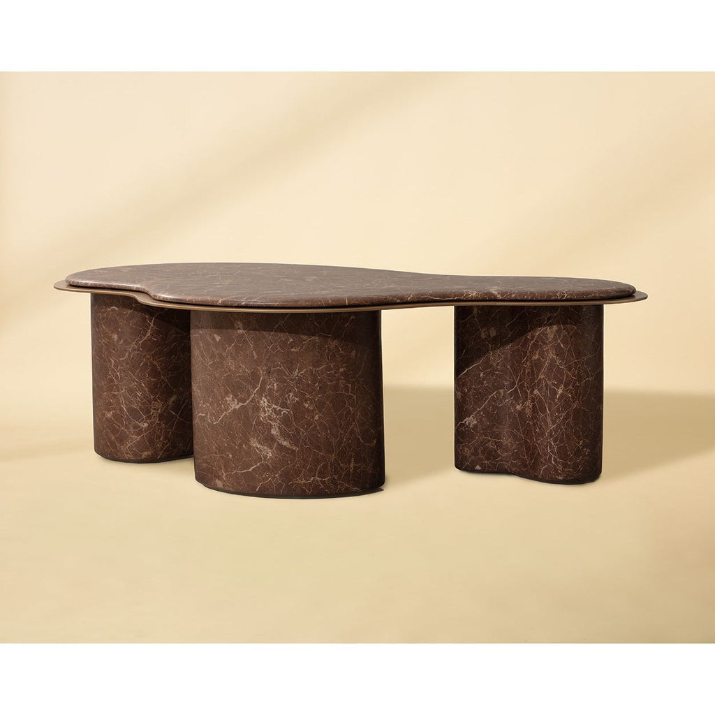 Table basse contemporaine à plateau effet marbre avec base en métal pour salon