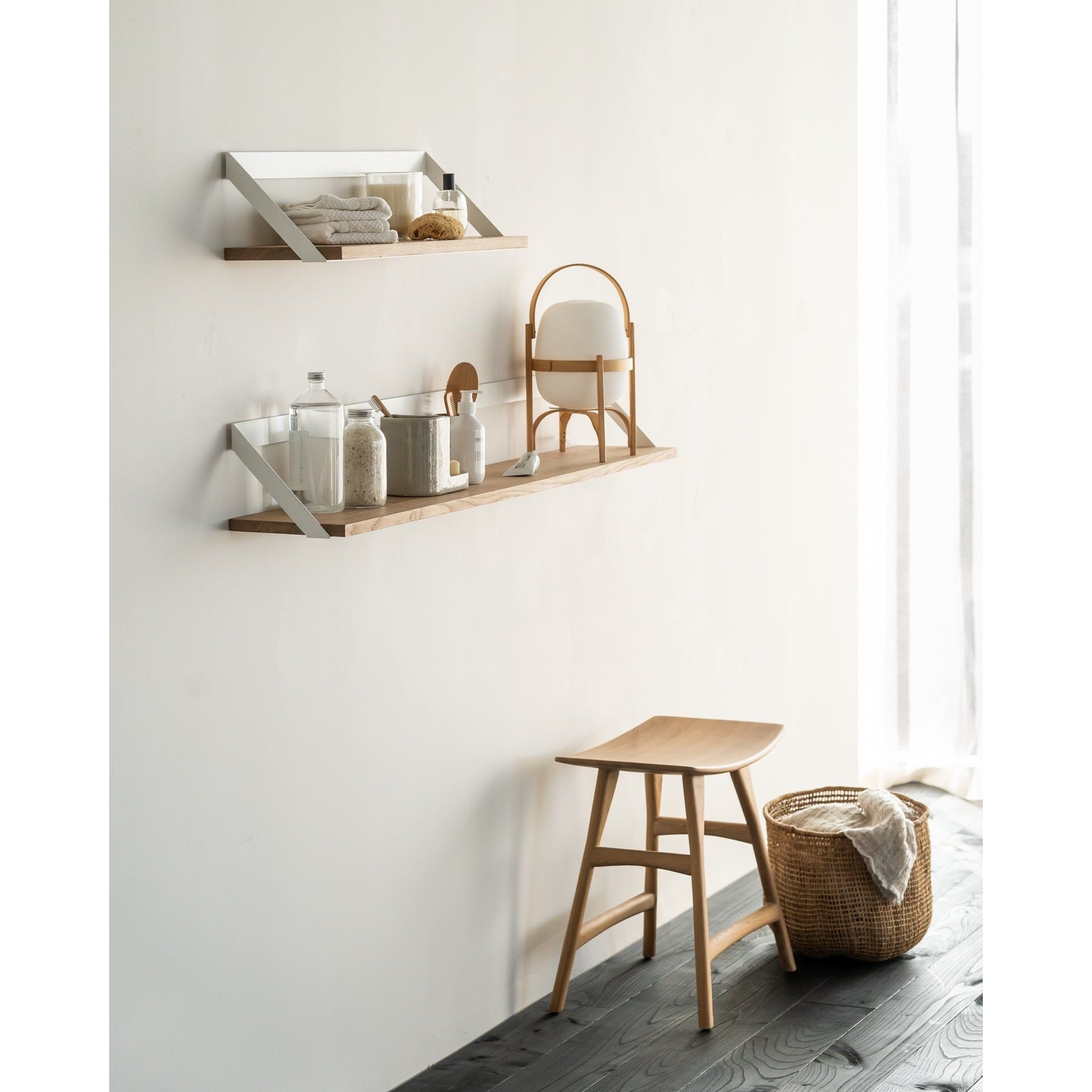 Scandinavian Oak Wood Armless Stool with Varnished Finish for Dining Room