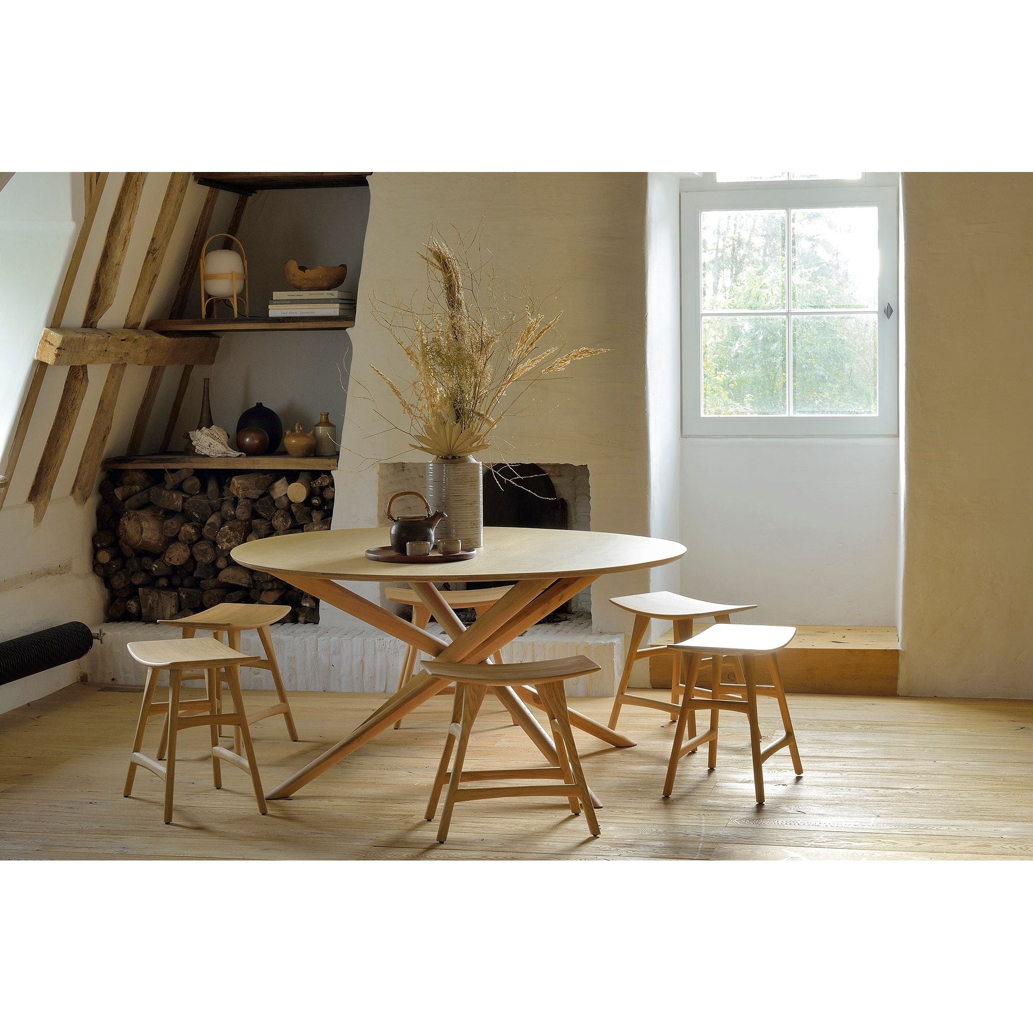Scandinavian Oak Wood Armless Stool with Varnished Finish for Dining Room