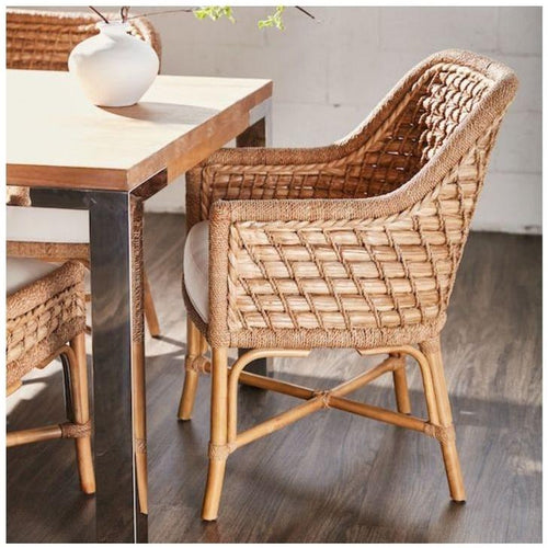 Coastal Rattan & Upholstered Arm Chair with Cushion for Dining Room