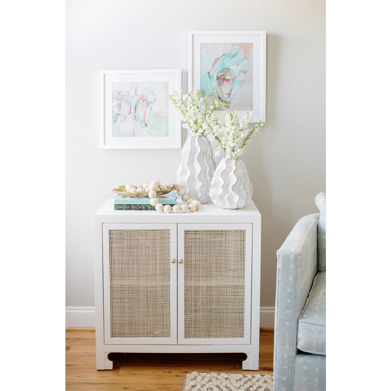 Modern Rattan & Metal Cabinet with Open Shelf for Living & Dining Room