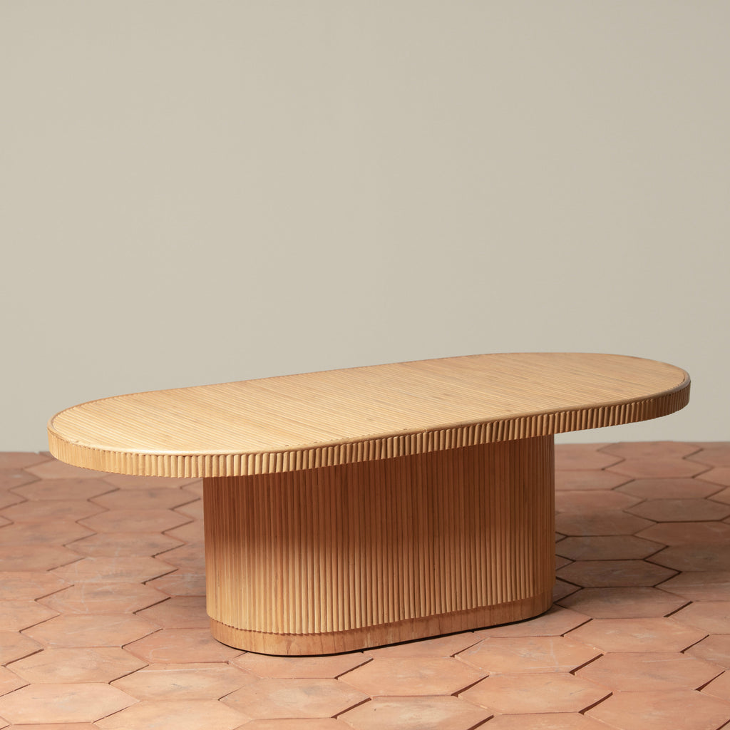 Boho Rattan & Wood Coffee Table with Woven Top for Living Room