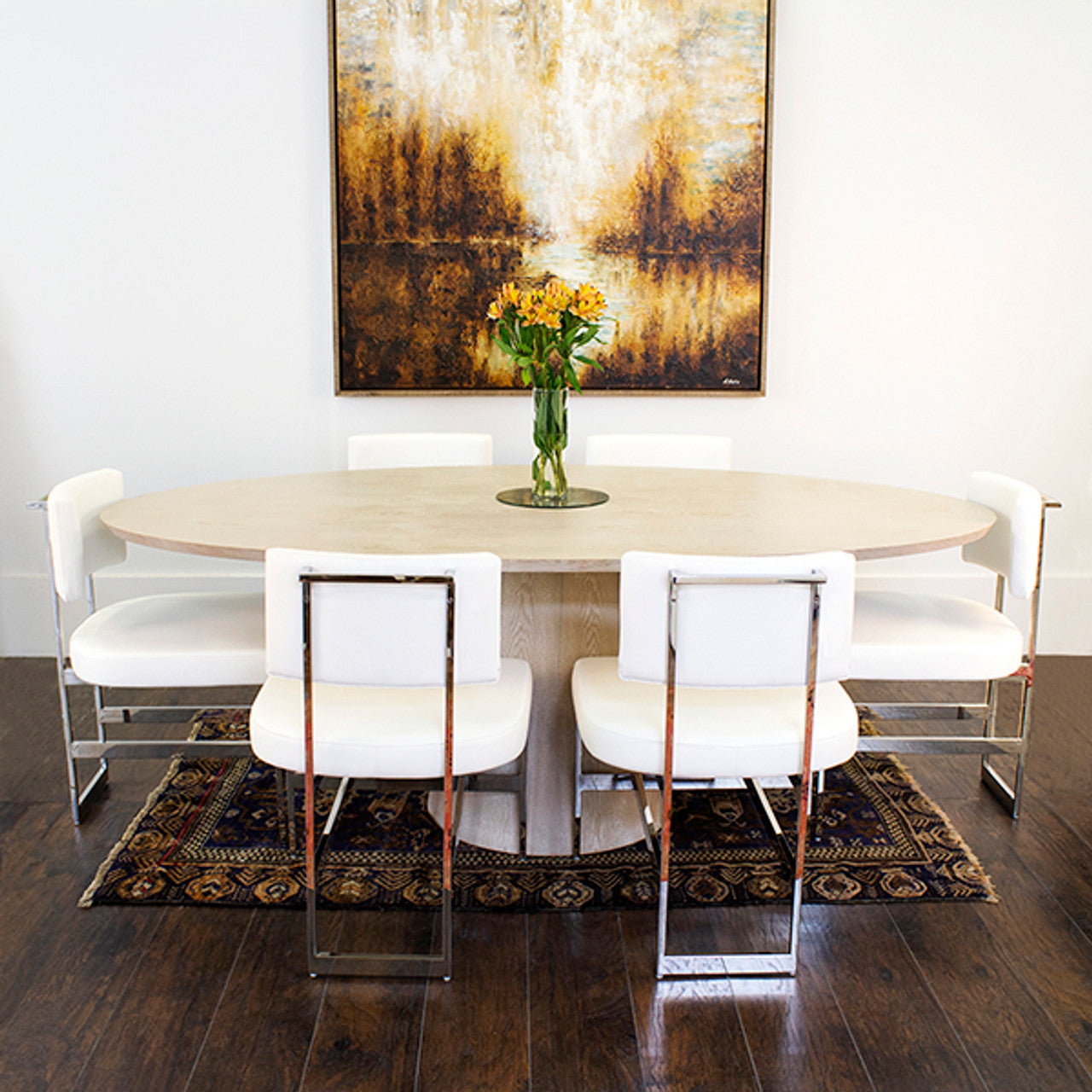 Modern Wood & Metal Oval Dining Table with Open Frame Base for Dining Room