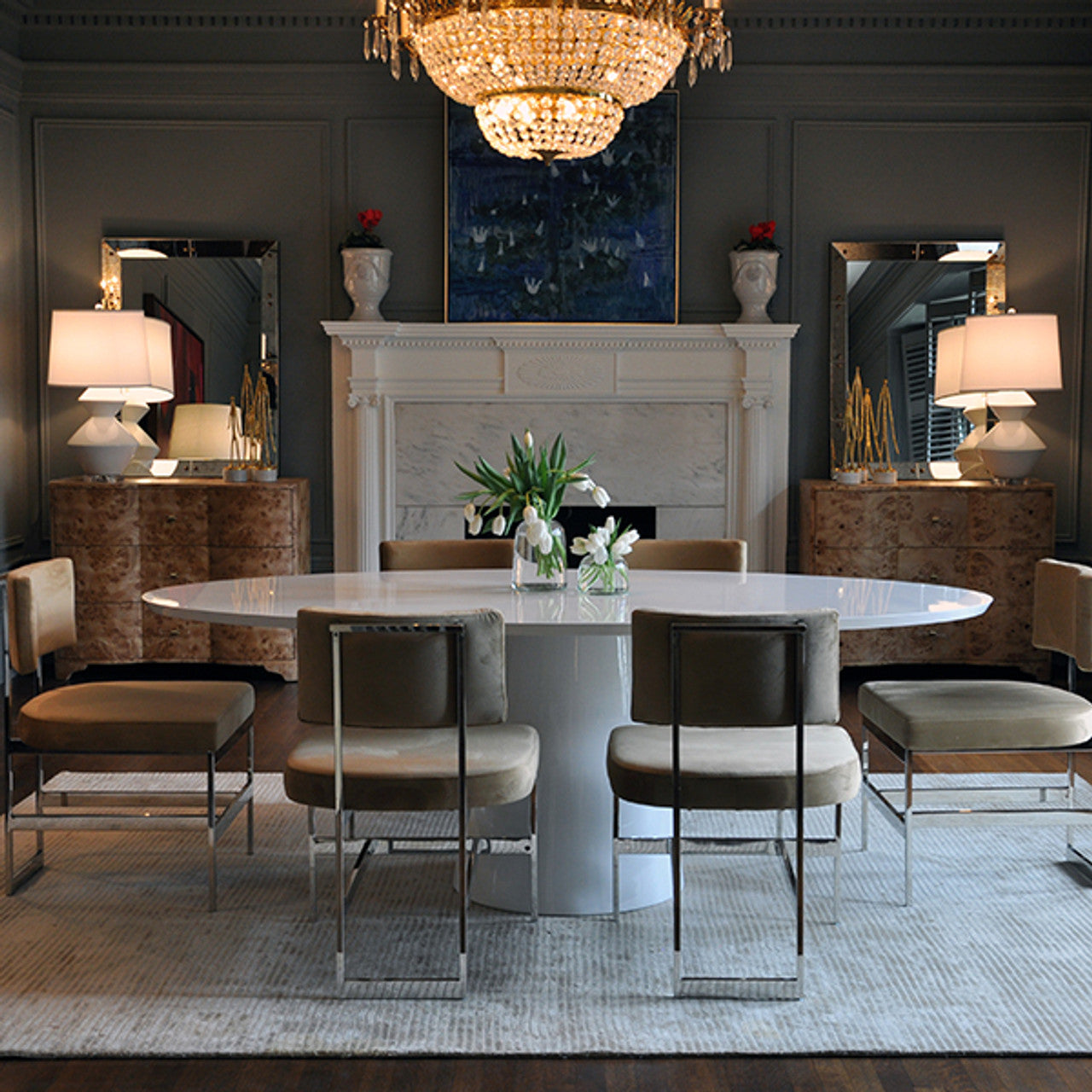 Modern Wood & Metal Oval Dining Table with Open Frame Base for Dining Room