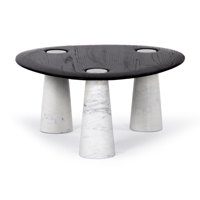 Modern Wood & Metal Small Coffee Table with Round Top for Living Room