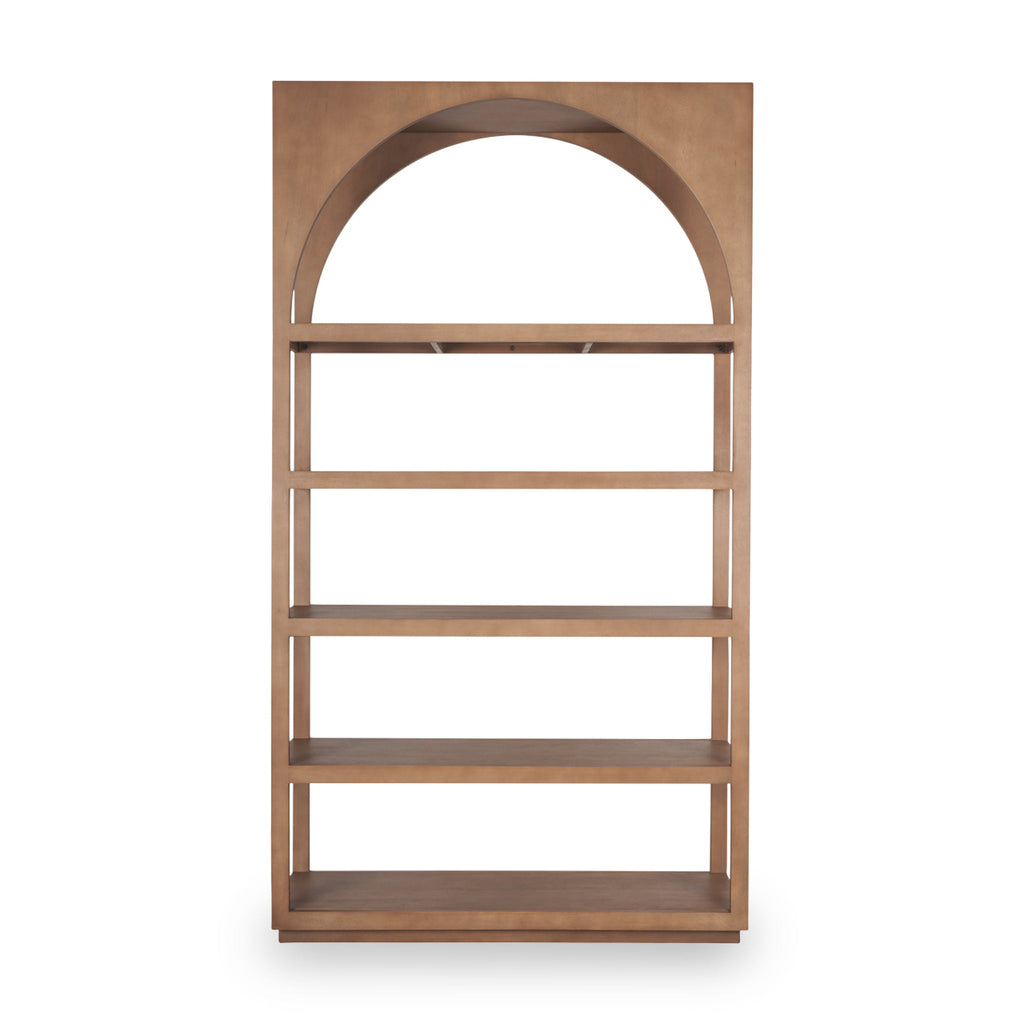 Étagère murale en bois de style ferme avec arc et étagères ouvertes pour le salon