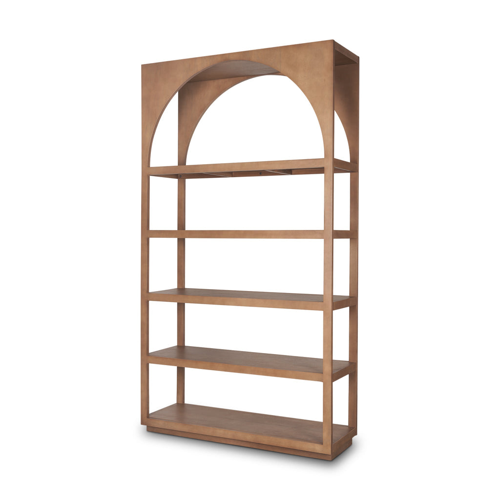 Étagère murale en bois de style ferme avec arc et étagères ouvertes pour le salon