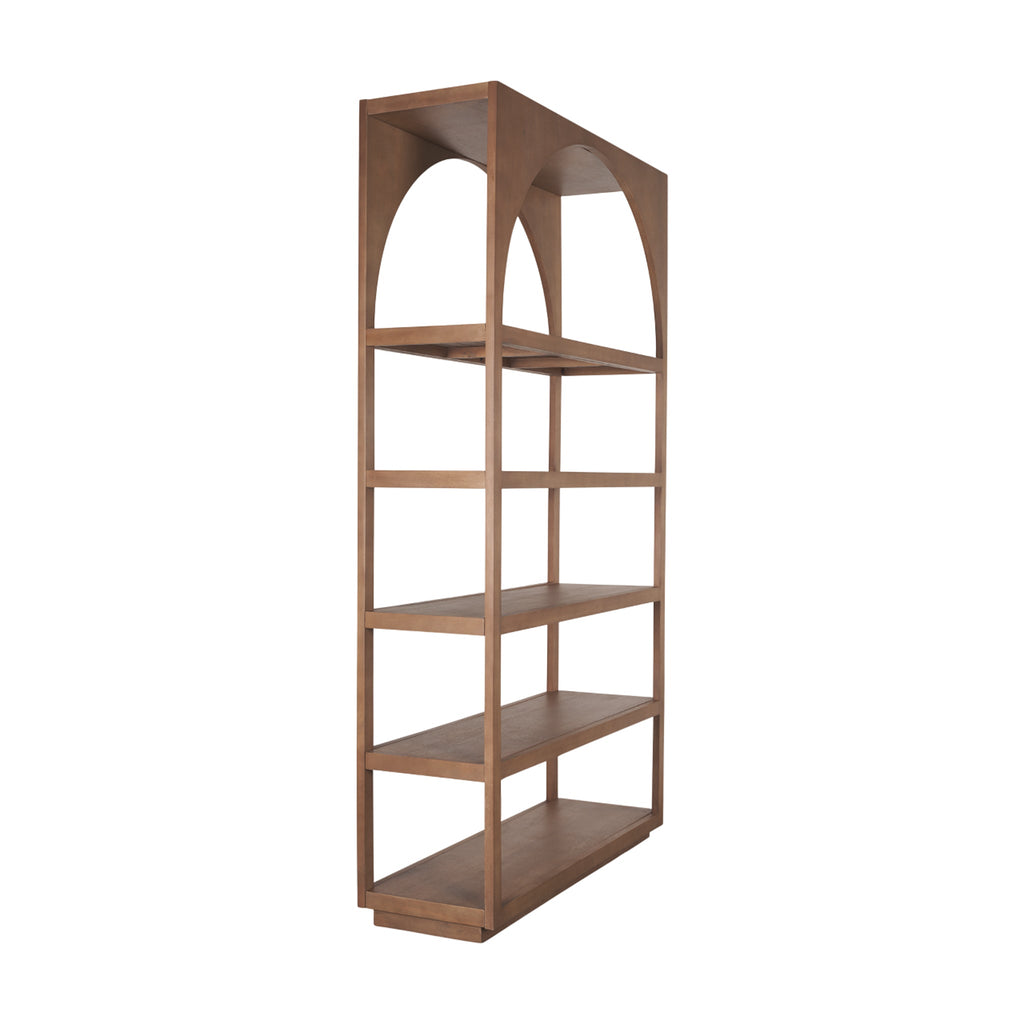 Étagère murale en bois de style ferme avec arc et étagères ouvertes pour le salon