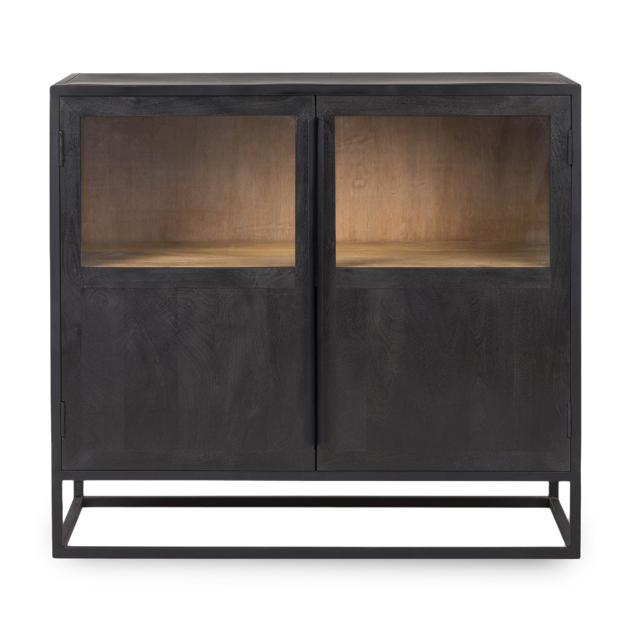 Farmhouse Wood & Glass Accent Cabinet with Open Shelf for Living Room