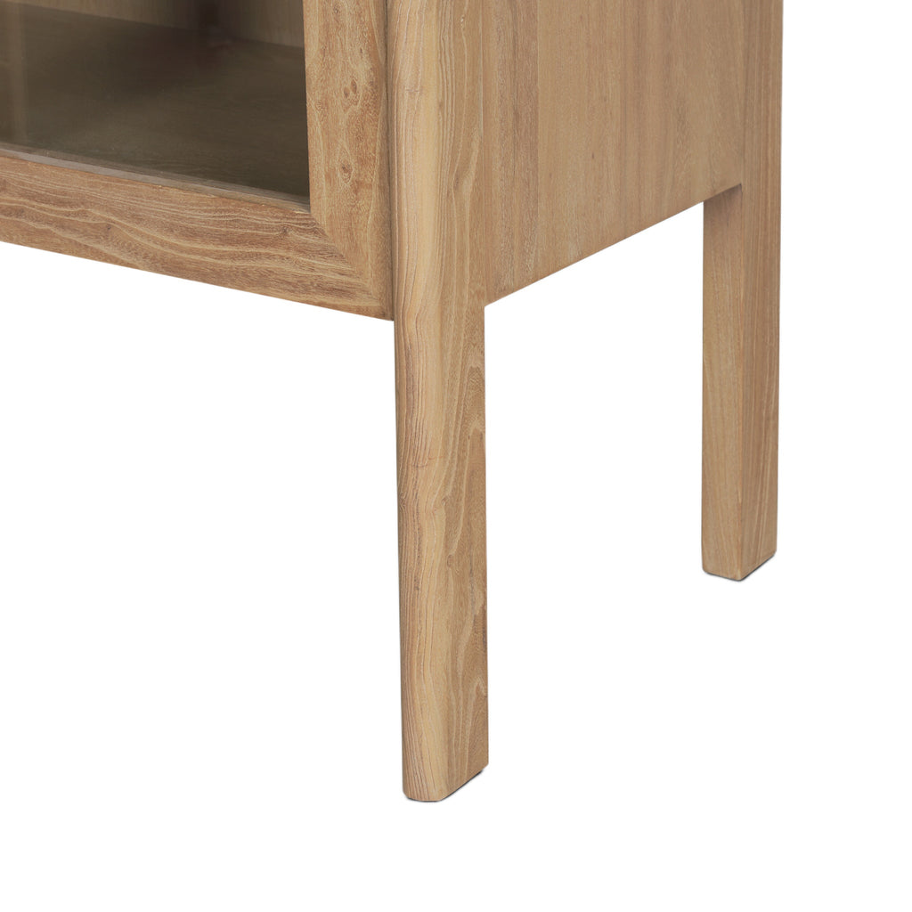 Meuble vitrine arqué en bois naturel et verre avec étagère de présentation pour le salon