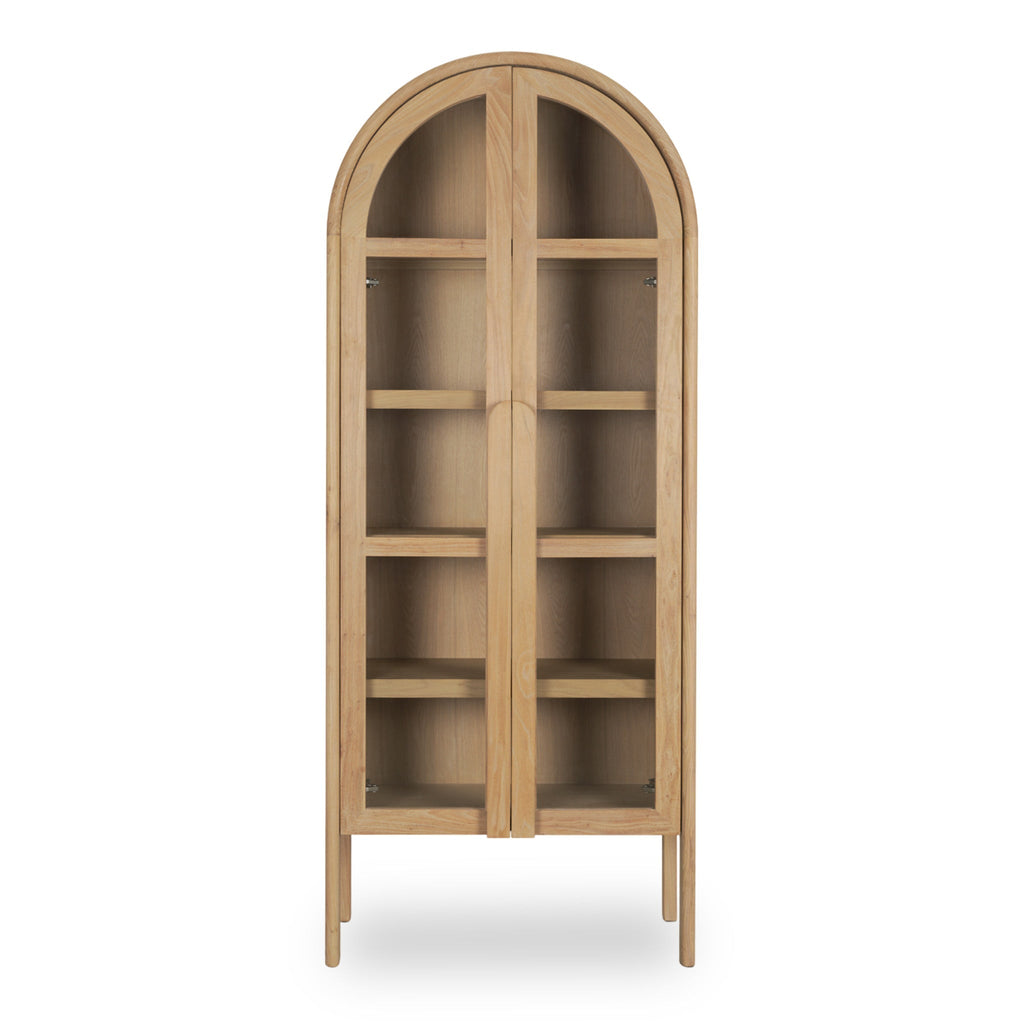 Meuble vitrine arqué en bois naturel et verre avec étagère de présentation pour le salon