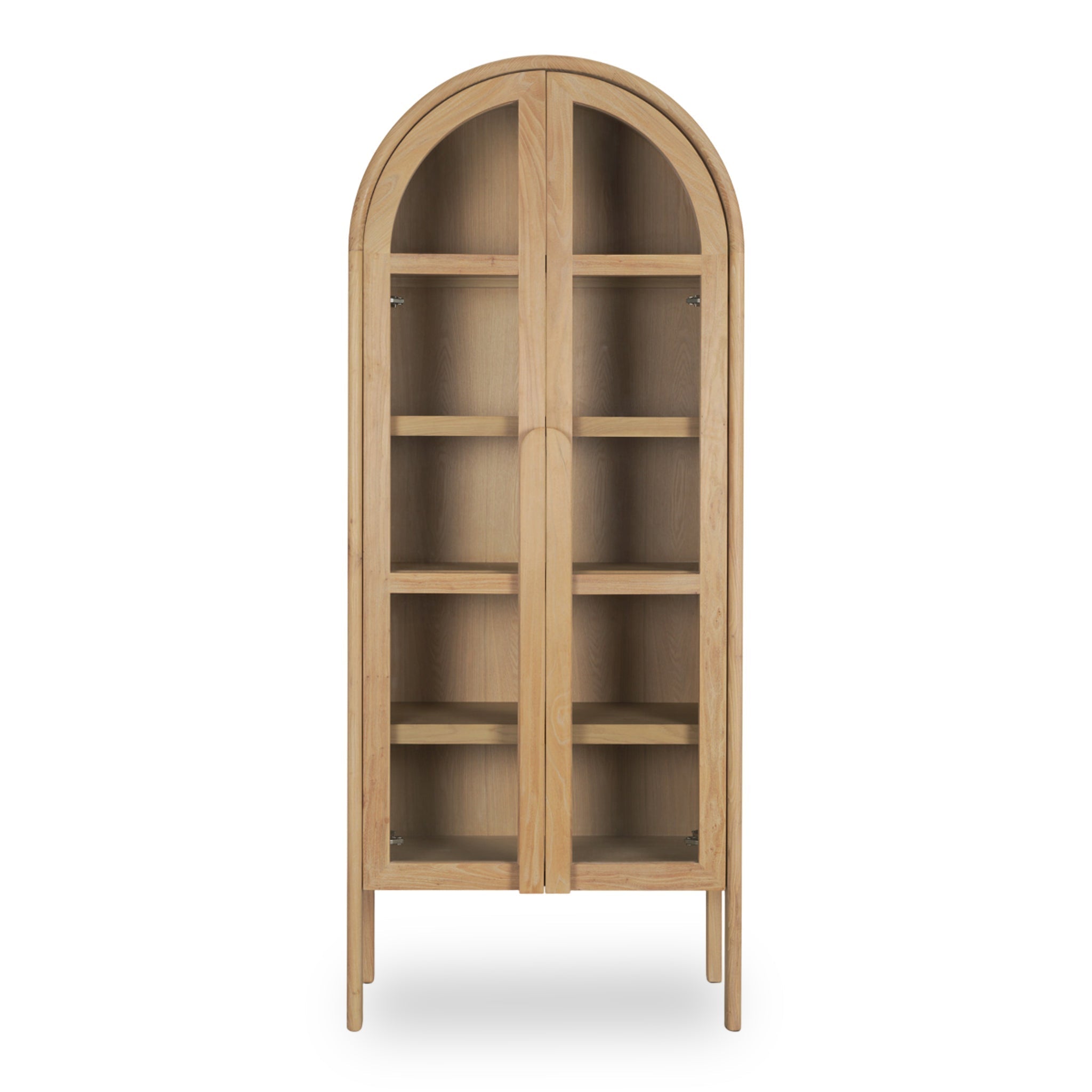 Natural Wood & Glass Arched Curio Cabinet with Display Shelf for Living Room