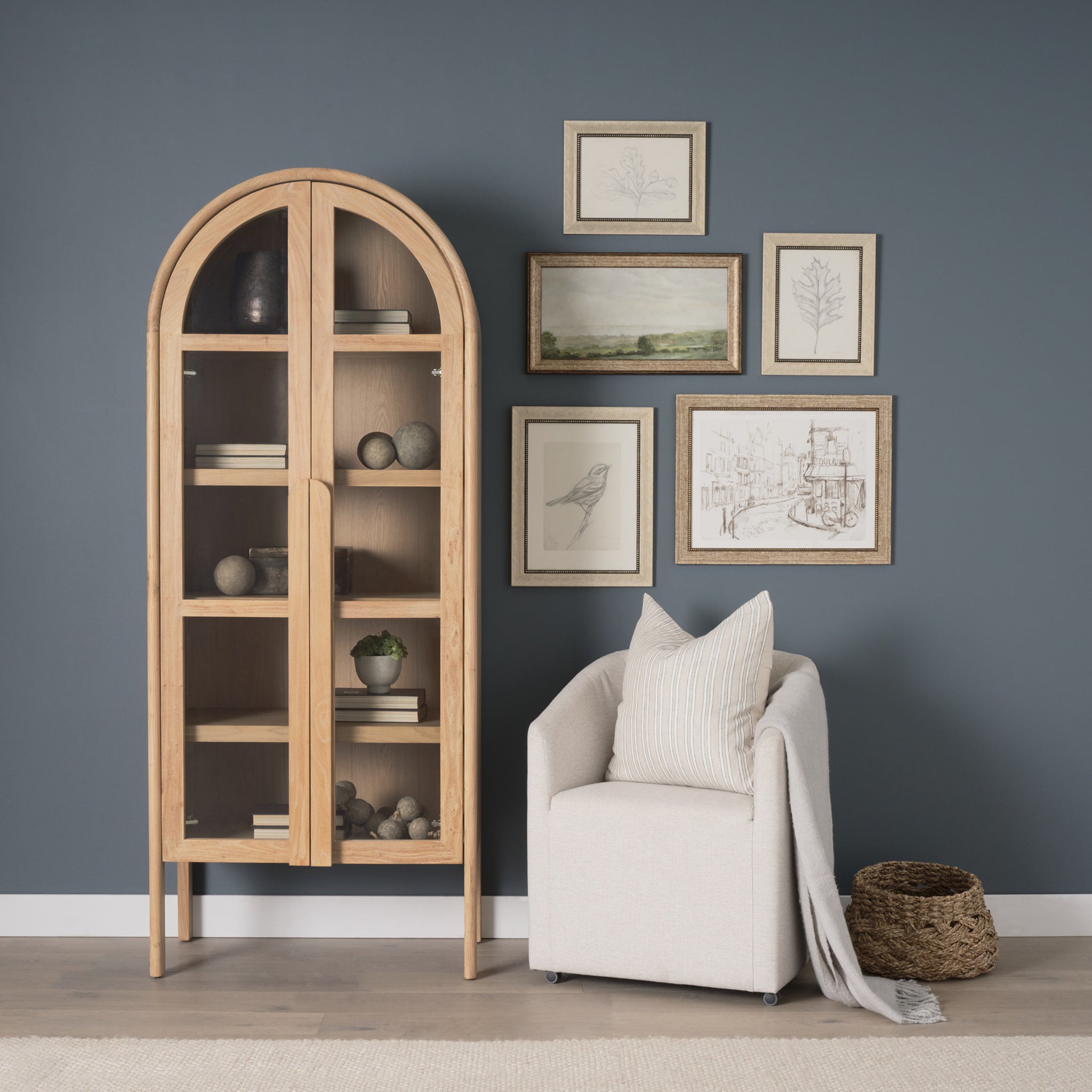 Natural Wood & Glass Arched Curio Cabinet with Display Shelf for Living Room