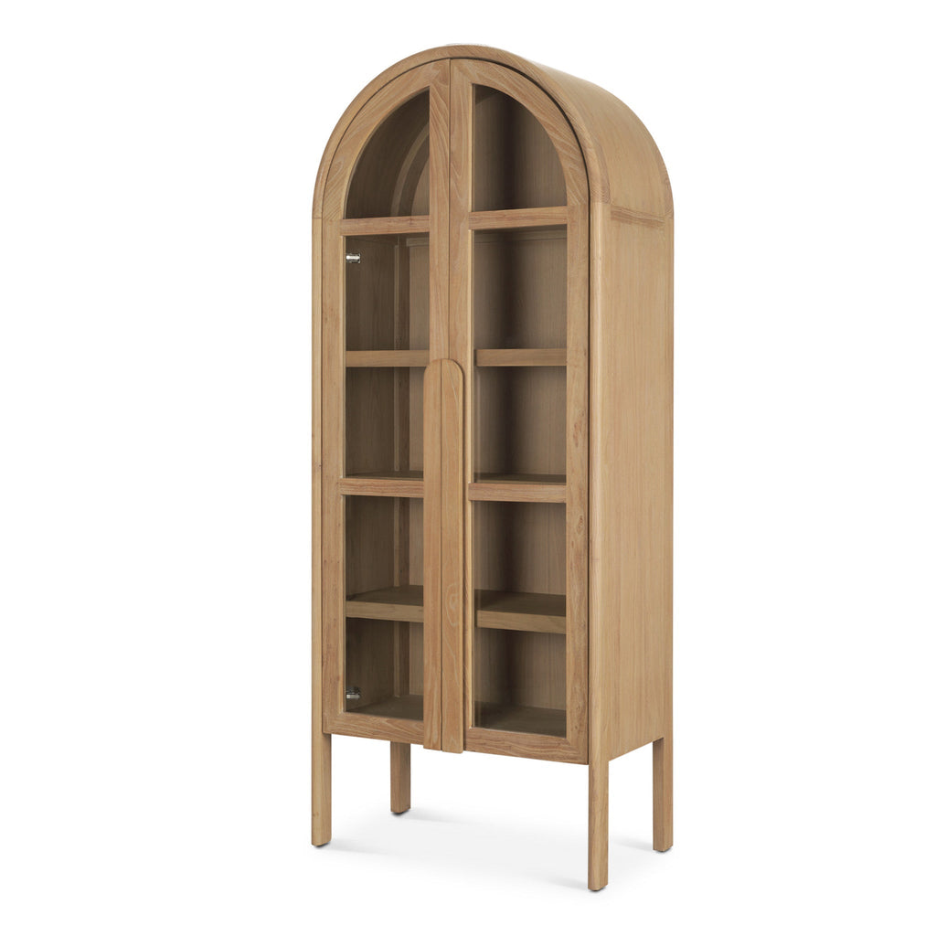 Meuble vitrine arqué en bois naturel et verre avec étagère de présentation pour le salon