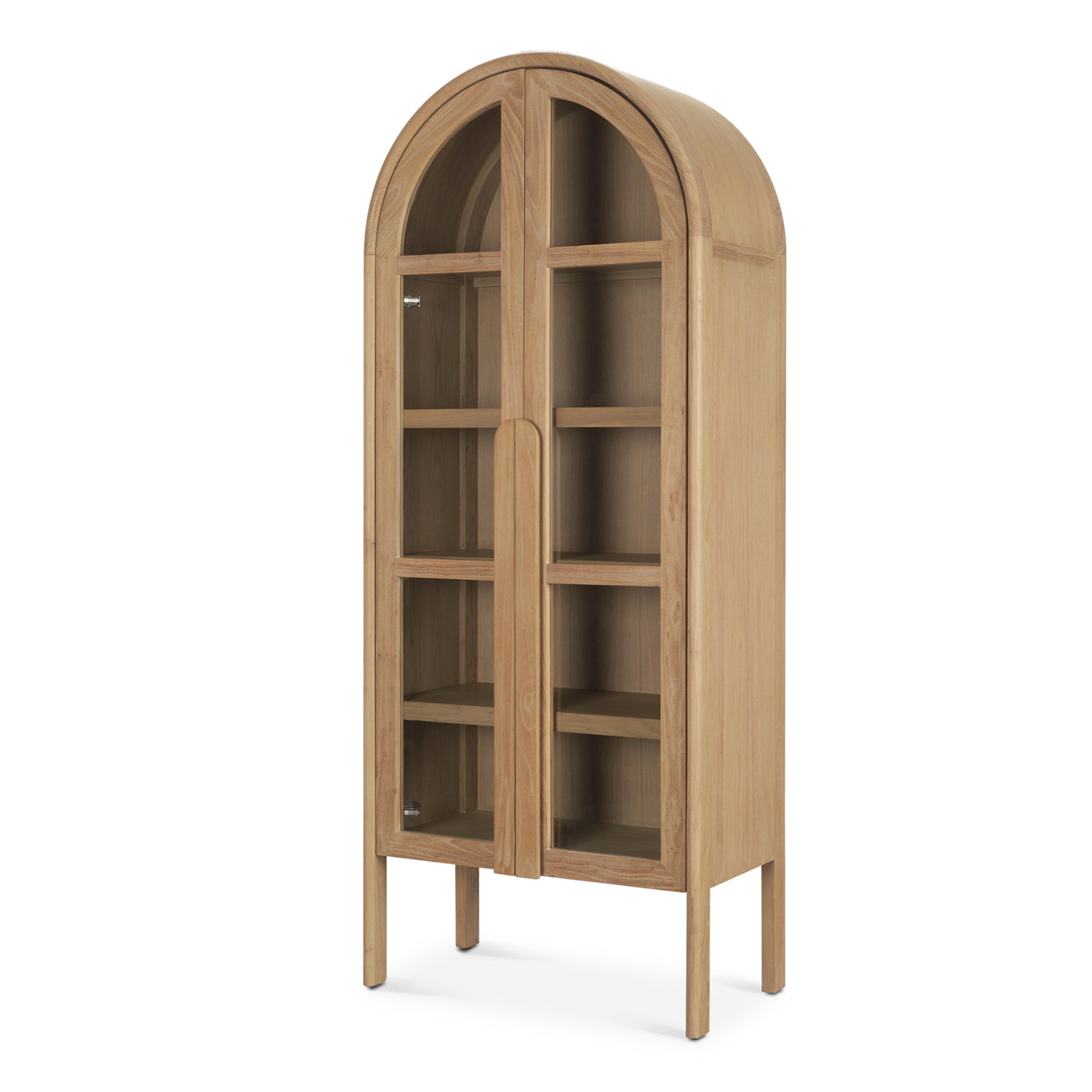 Meuble vitrine arqué en bois naturel et verre avec étagère de présentation pour le salon