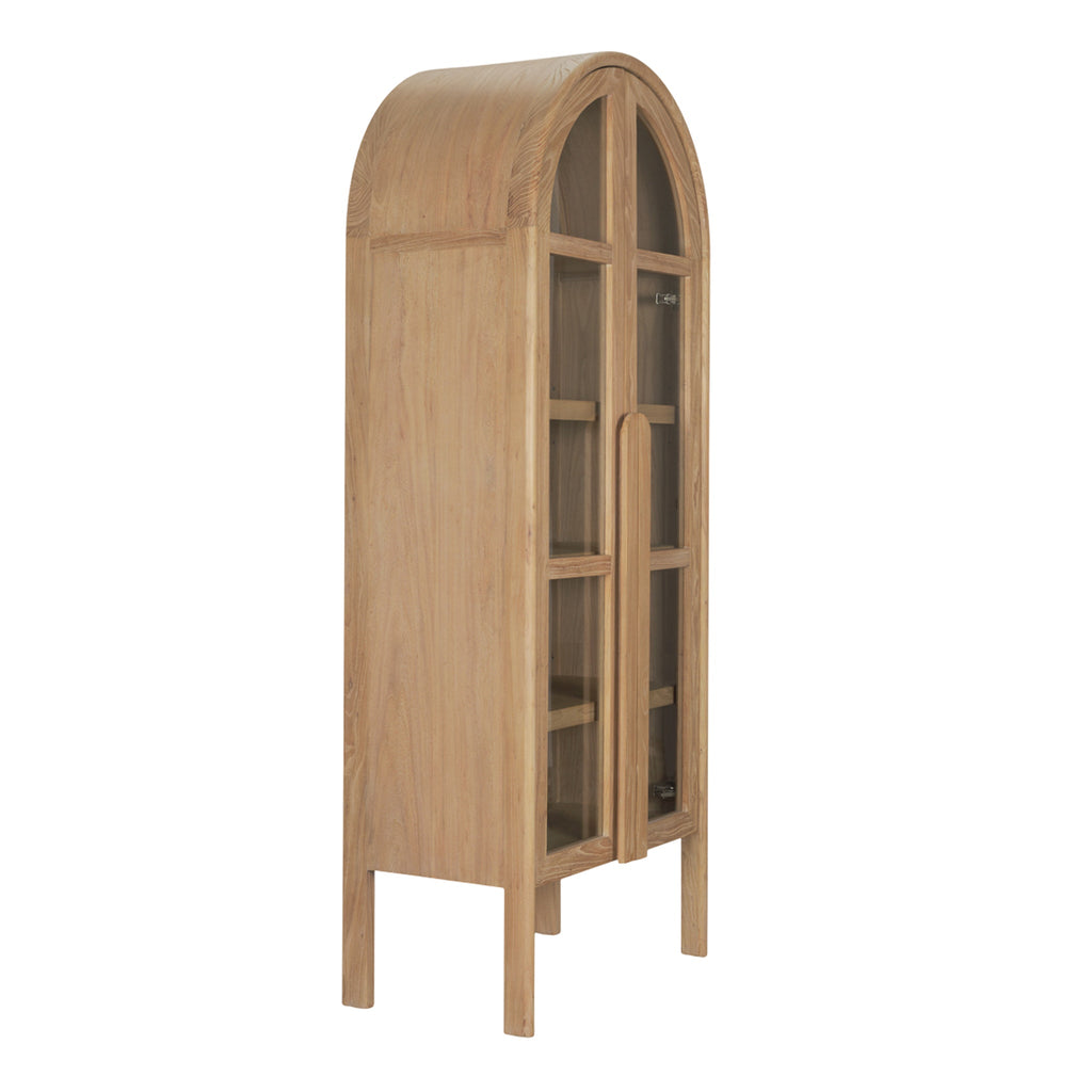 Meuble vitrine arqué en bois naturel et verre avec étagère de présentation pour le salon