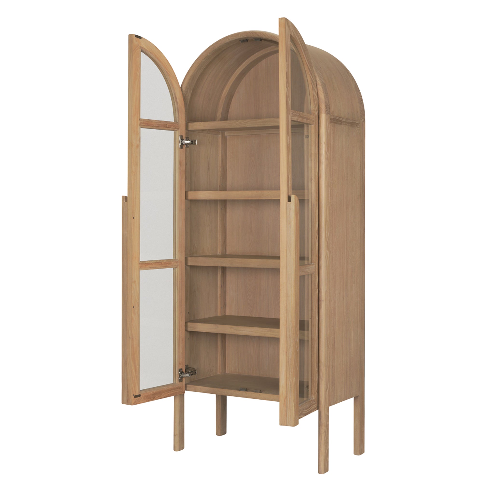 Meuble vitrine arqué en bois naturel et verre avec étagère de présentation pour le salon