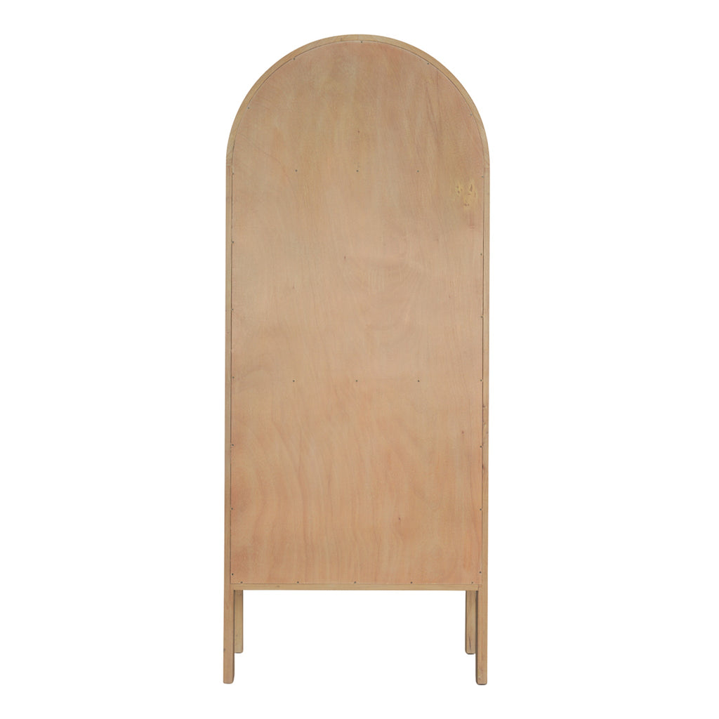 Meuble vitrine arqué en bois naturel et verre avec étagère de présentation pour le salon