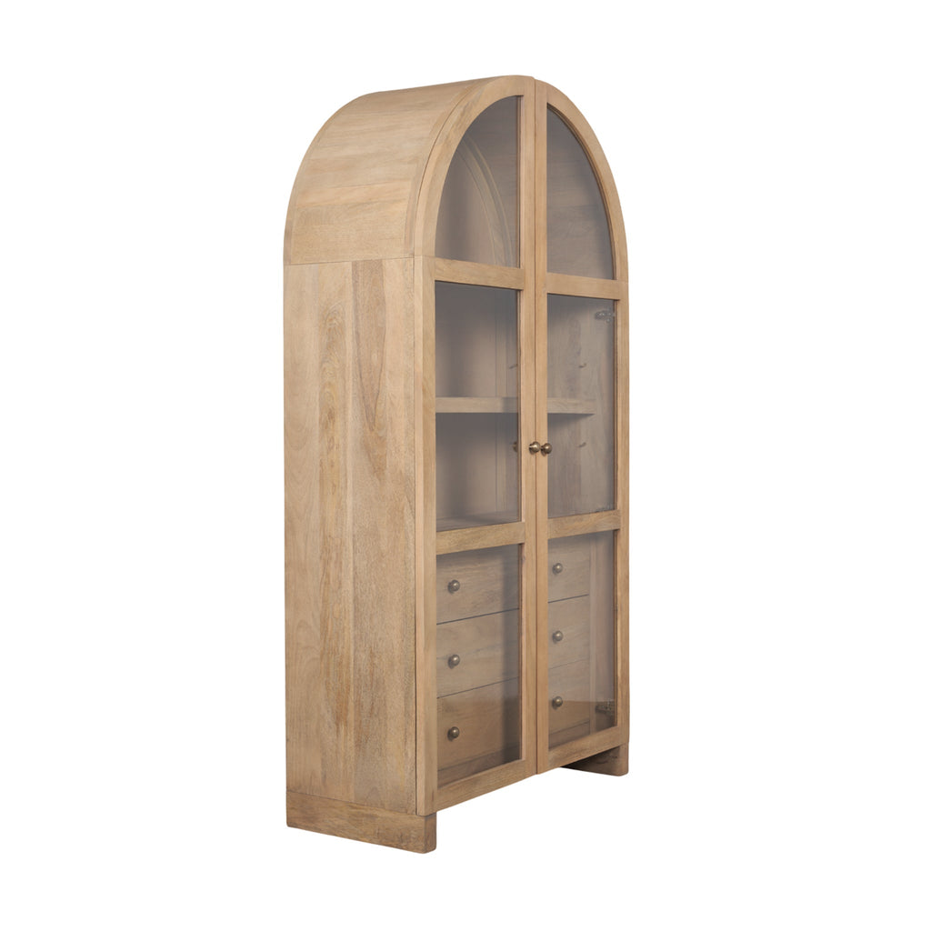 Meuble vitrine rustique en bois et verre avec tiroirs et étagère pour salon