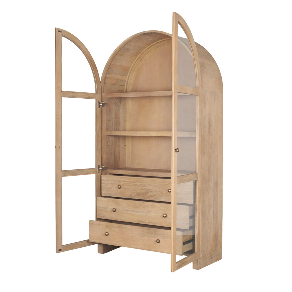 Meuble vitrine rustique en bois et verre avec tiroirs et étagère pour salon
