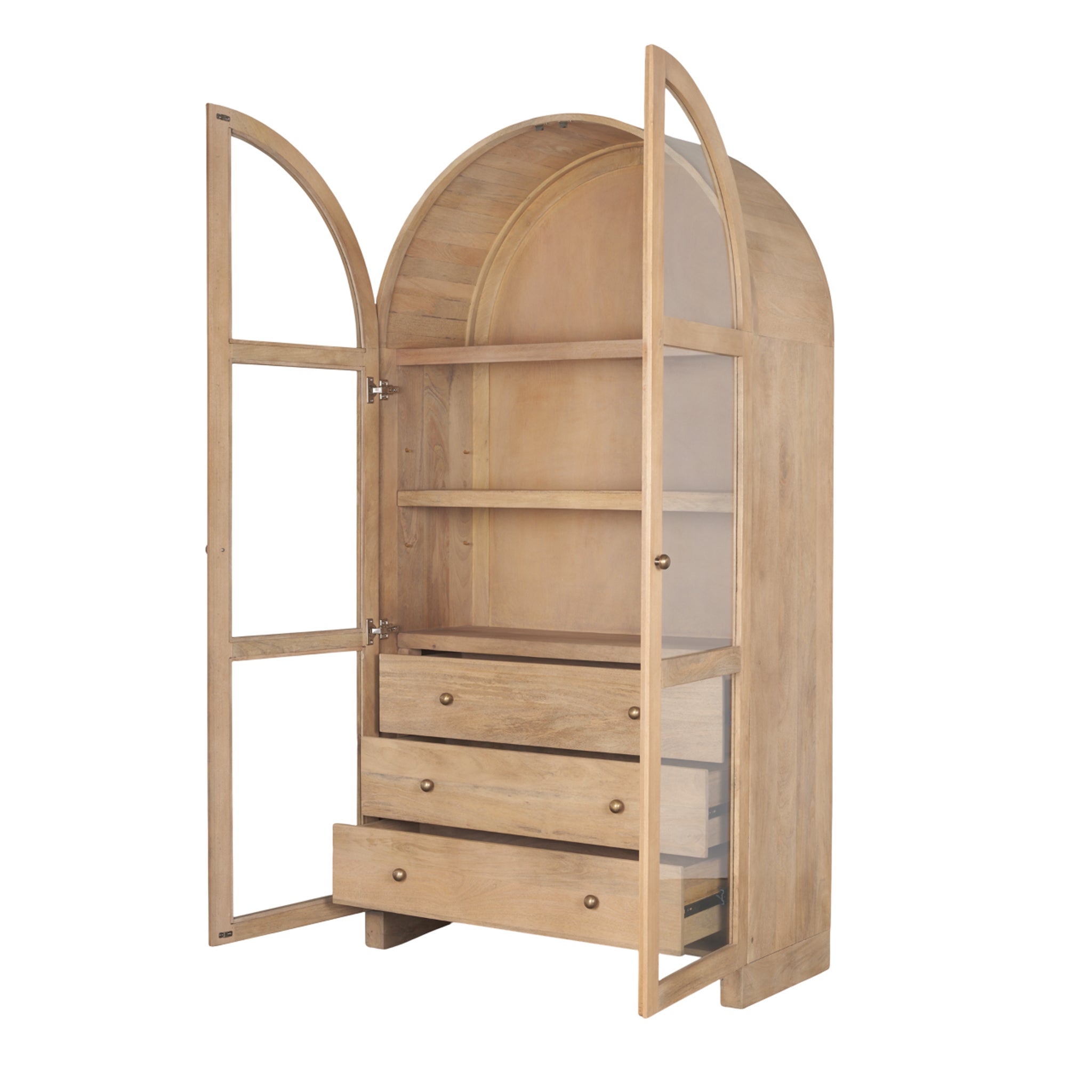 Meuble vitrine rustique en bois et verre avec tiroirs et étagère pour salon