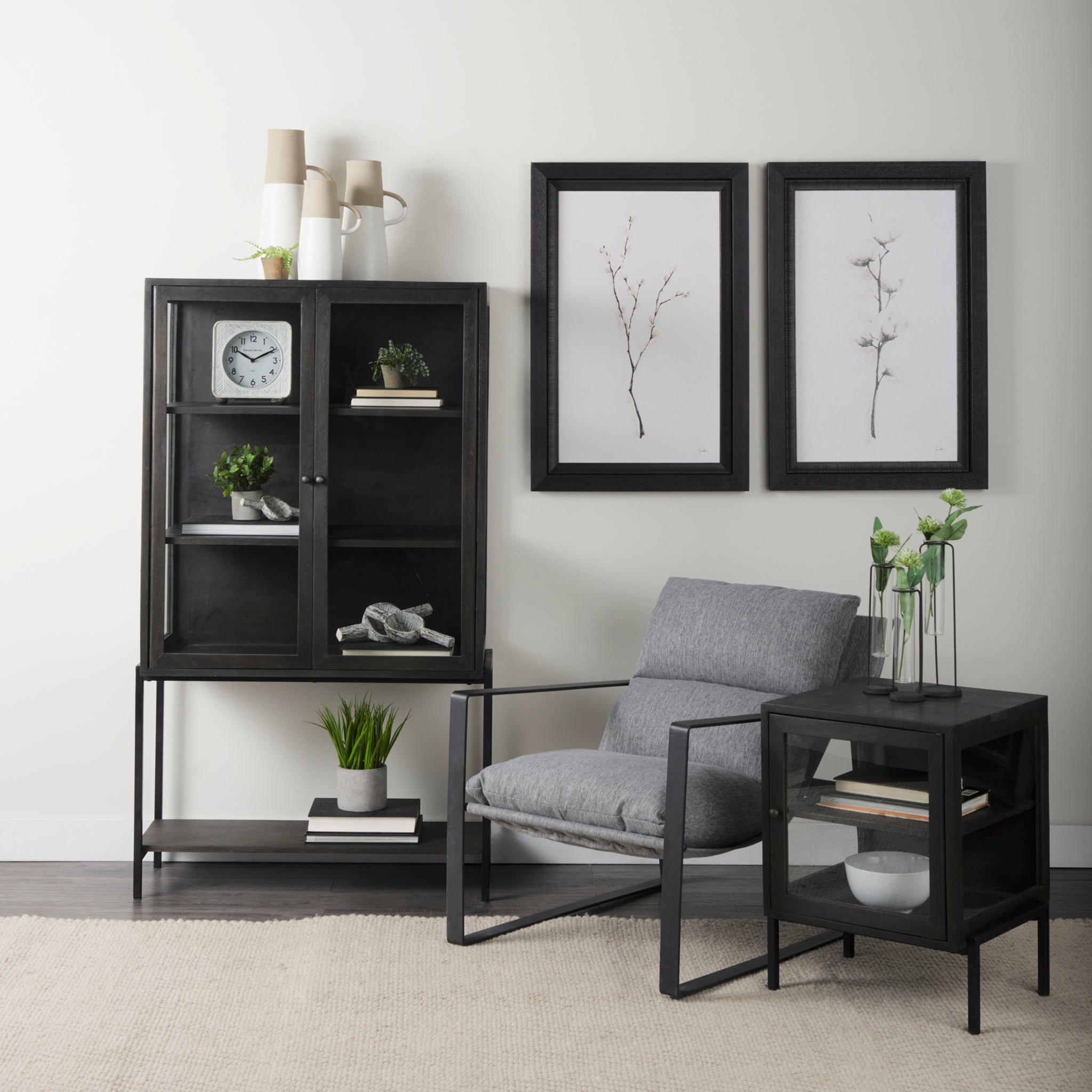 Farmhouse Wood & Metal Display Cabinet with Glass Shelf for Dining Room