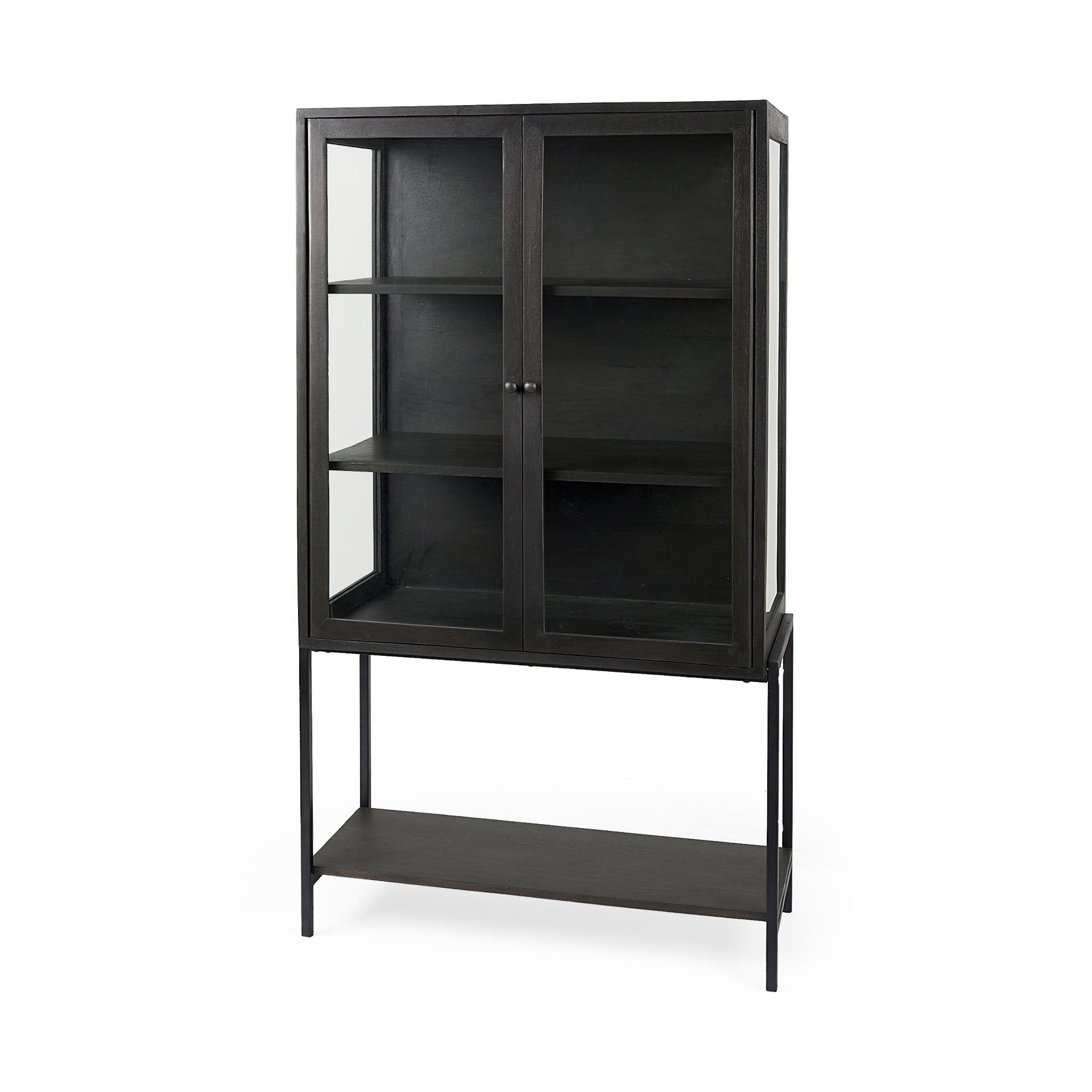 Farmhouse Wood & Metal Display Cabinet with Glass Shelf for Dining Room