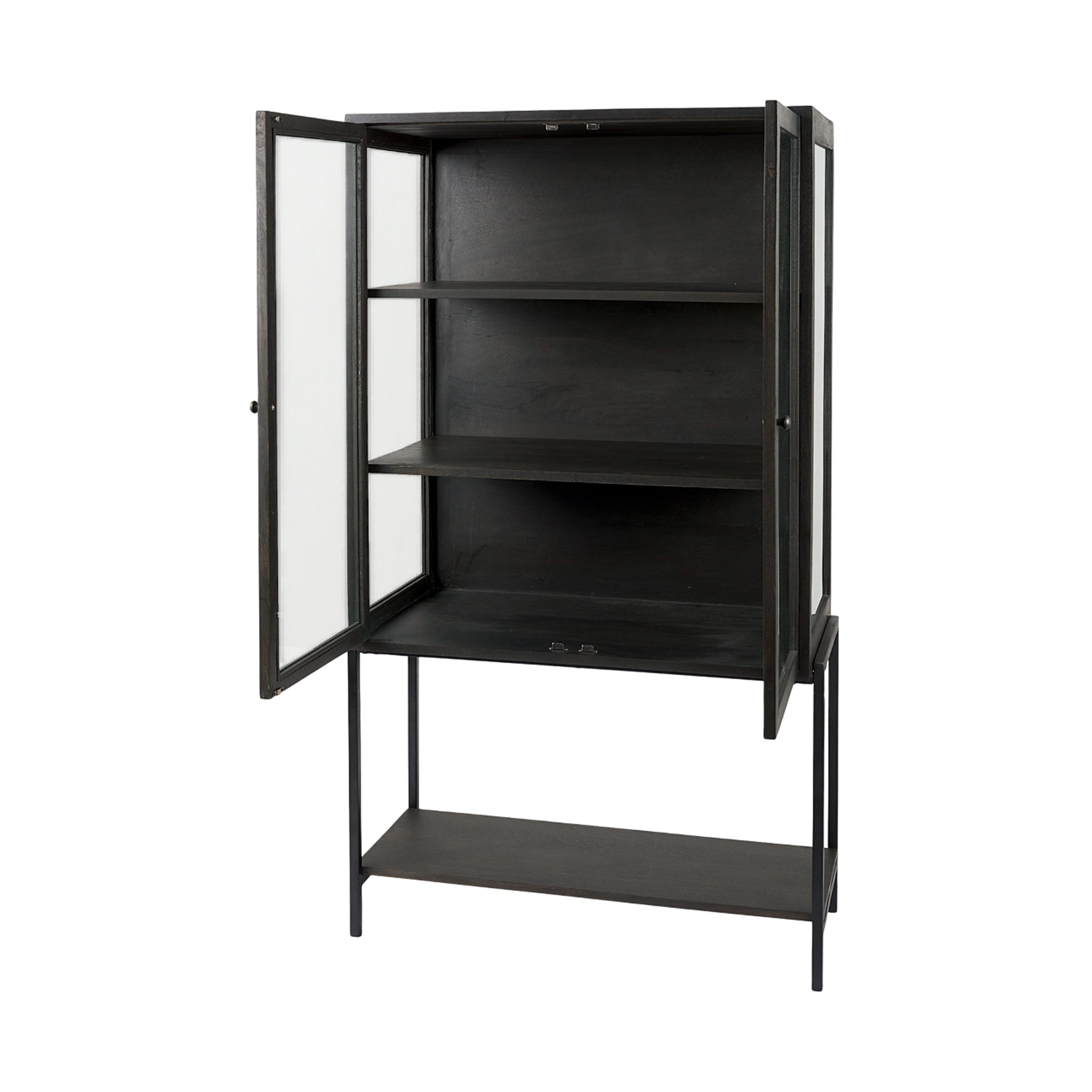 Farmhouse Wood & Metal Display Cabinet with Glass Shelf for Dining Room