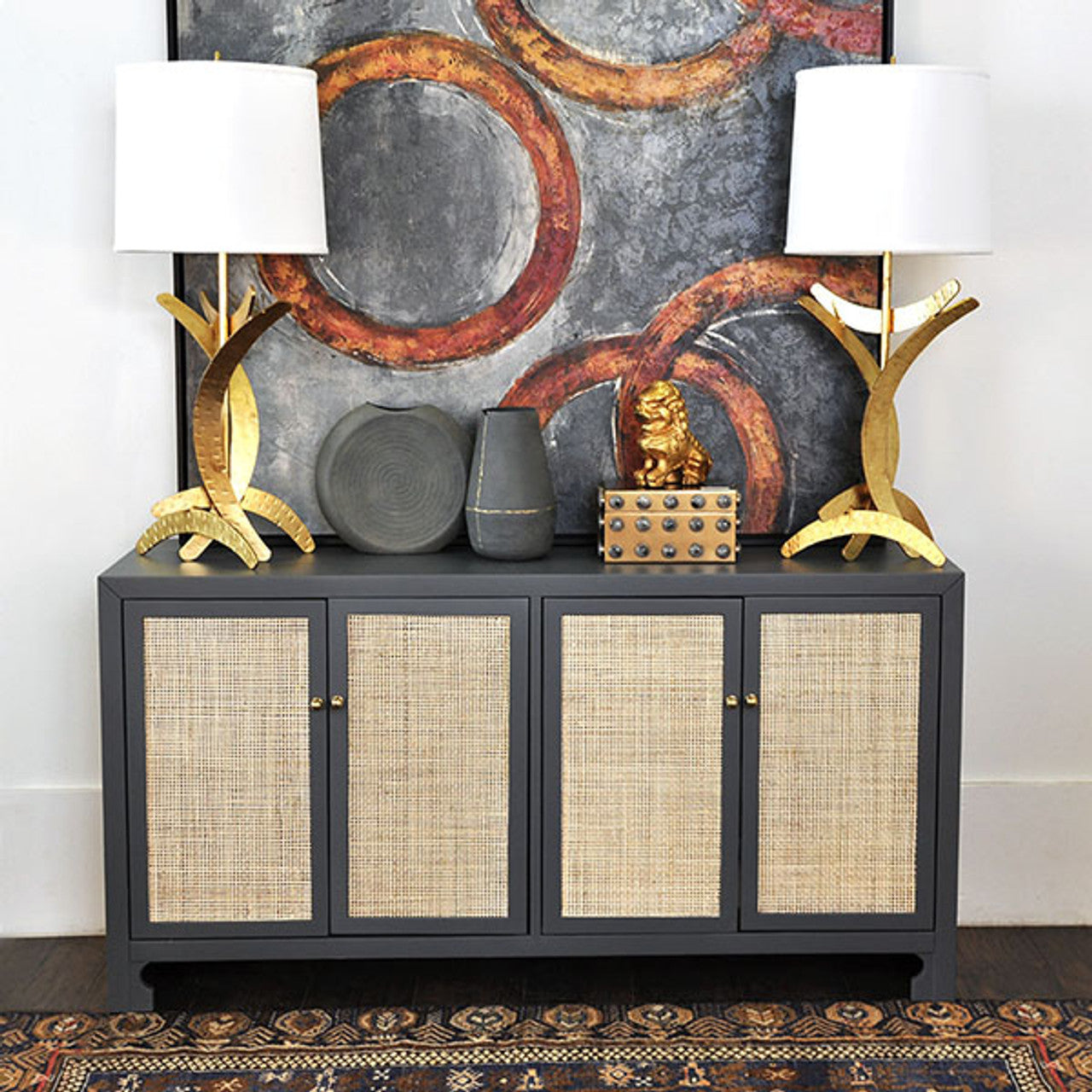 Coastal Wood & Rattan Media Cabinet with Lacquer Finish for Living Room