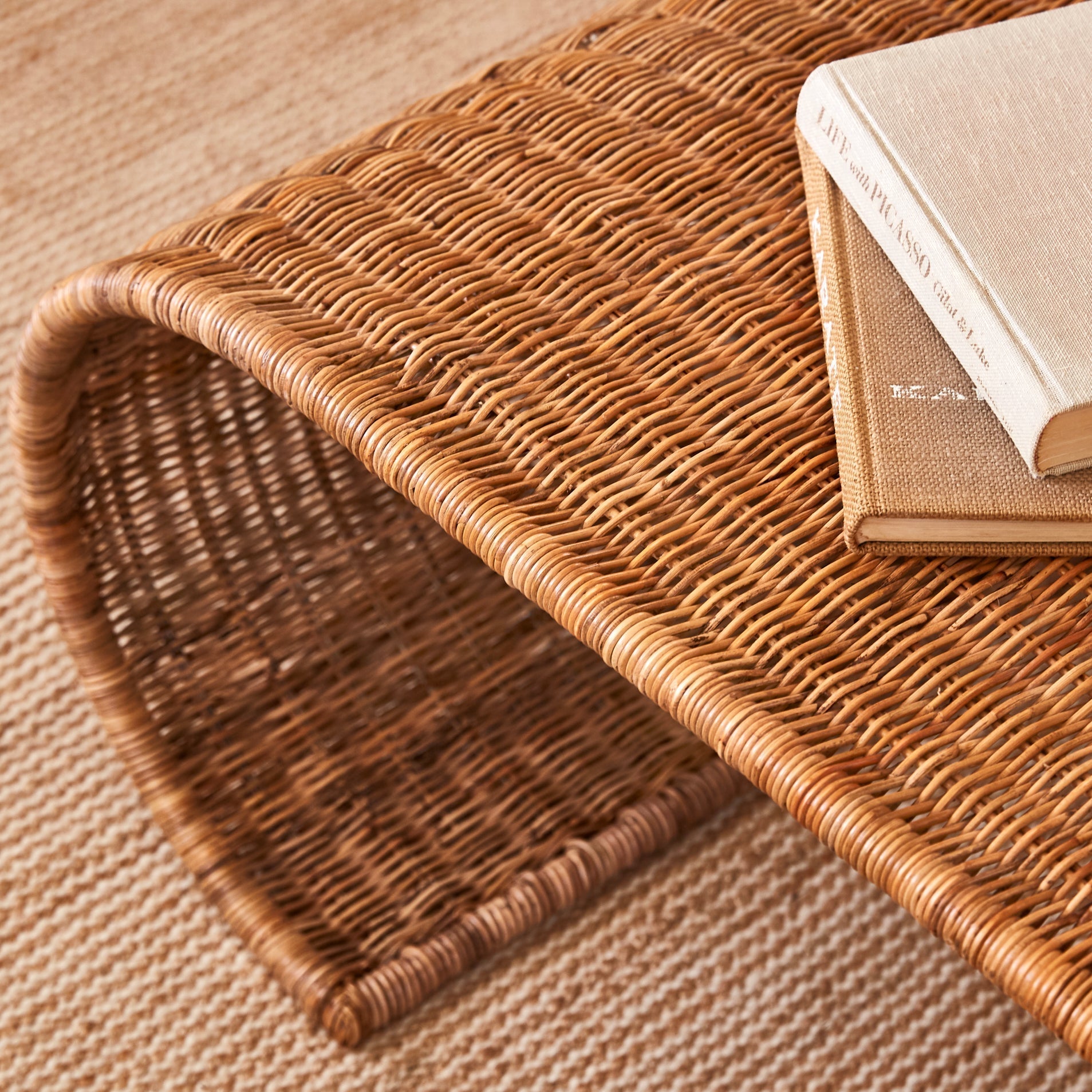 Coastal Wicker & Wood Coffee Table with Open Shelf for Living Room