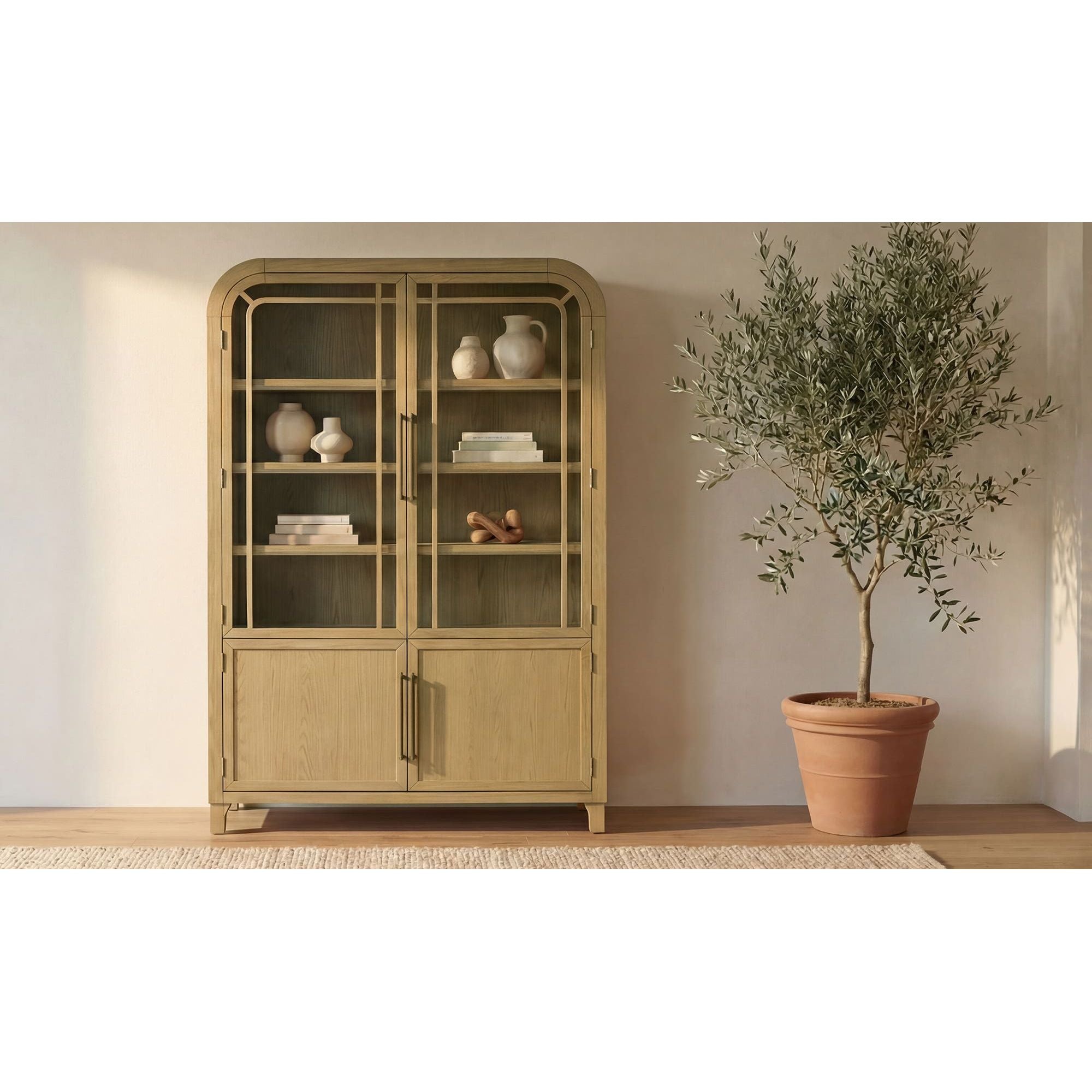 Natural Wood & Glass Cabinet with Open Display Shelf for Living Room